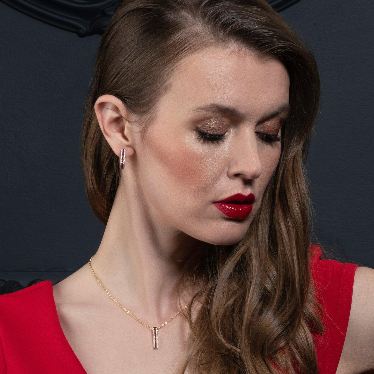 Gold Bar Pendant Necklace with Red Cubic Zirconia Stones - namana.london