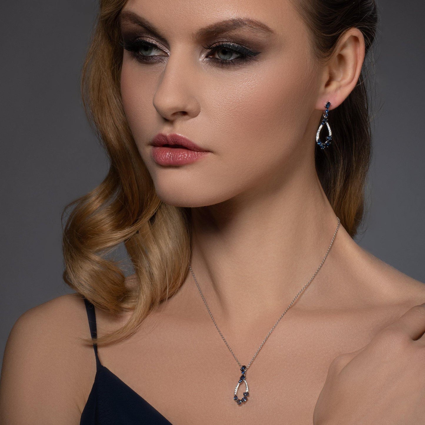 Sterling Silver Drop Pendant Necklace for Women with Blue Stones and Cubic Zirconia Gemstones - namana.london