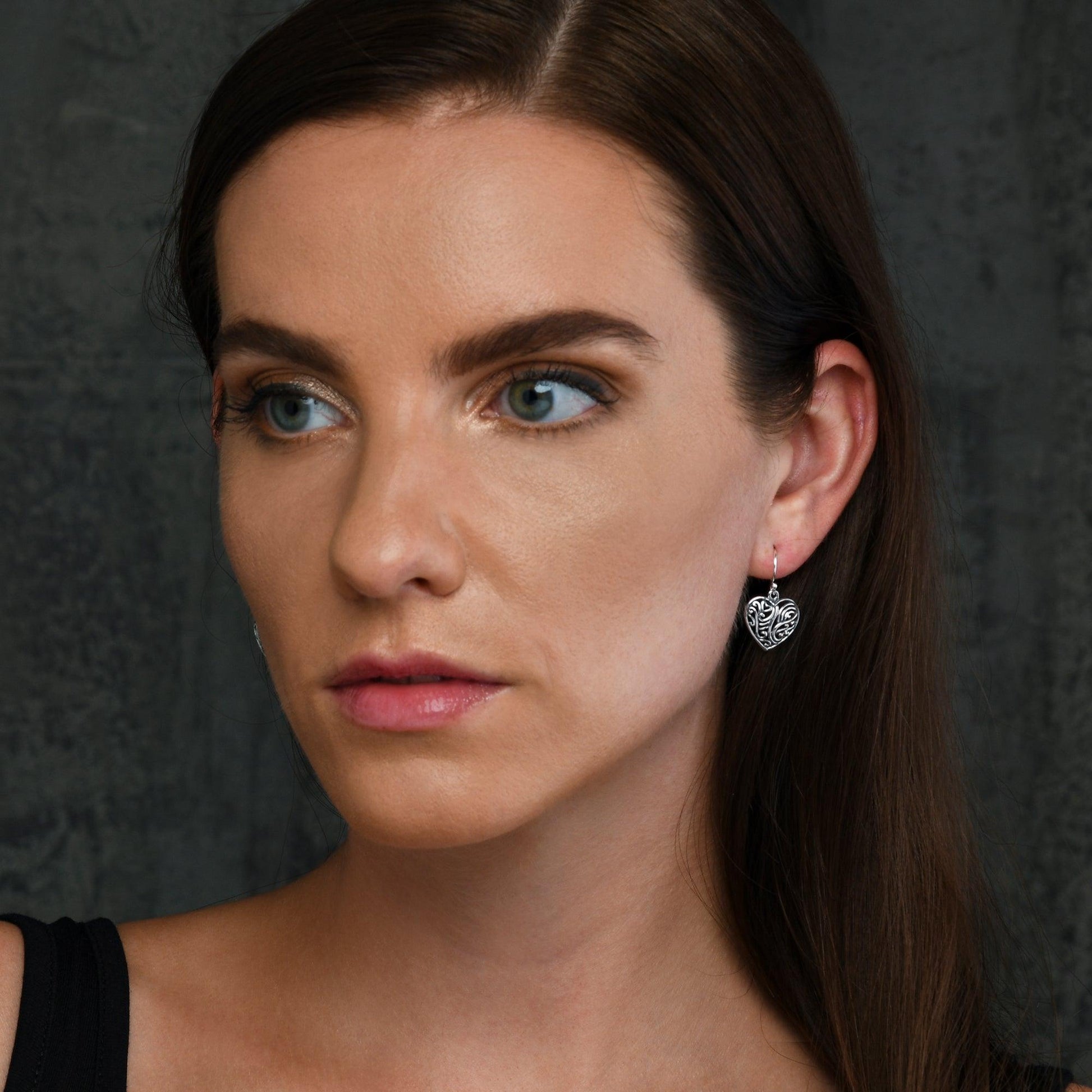 925 Sterling Silver Intricate Heart Drop Earrings for Women - namana.london