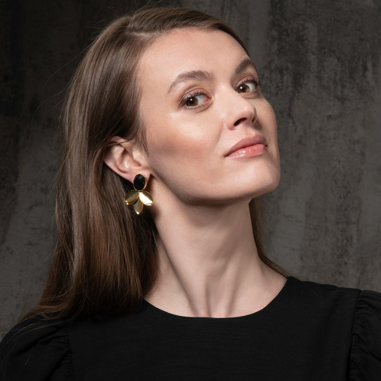 Large Gold Statement Earrings with Black Onyx - namana.london