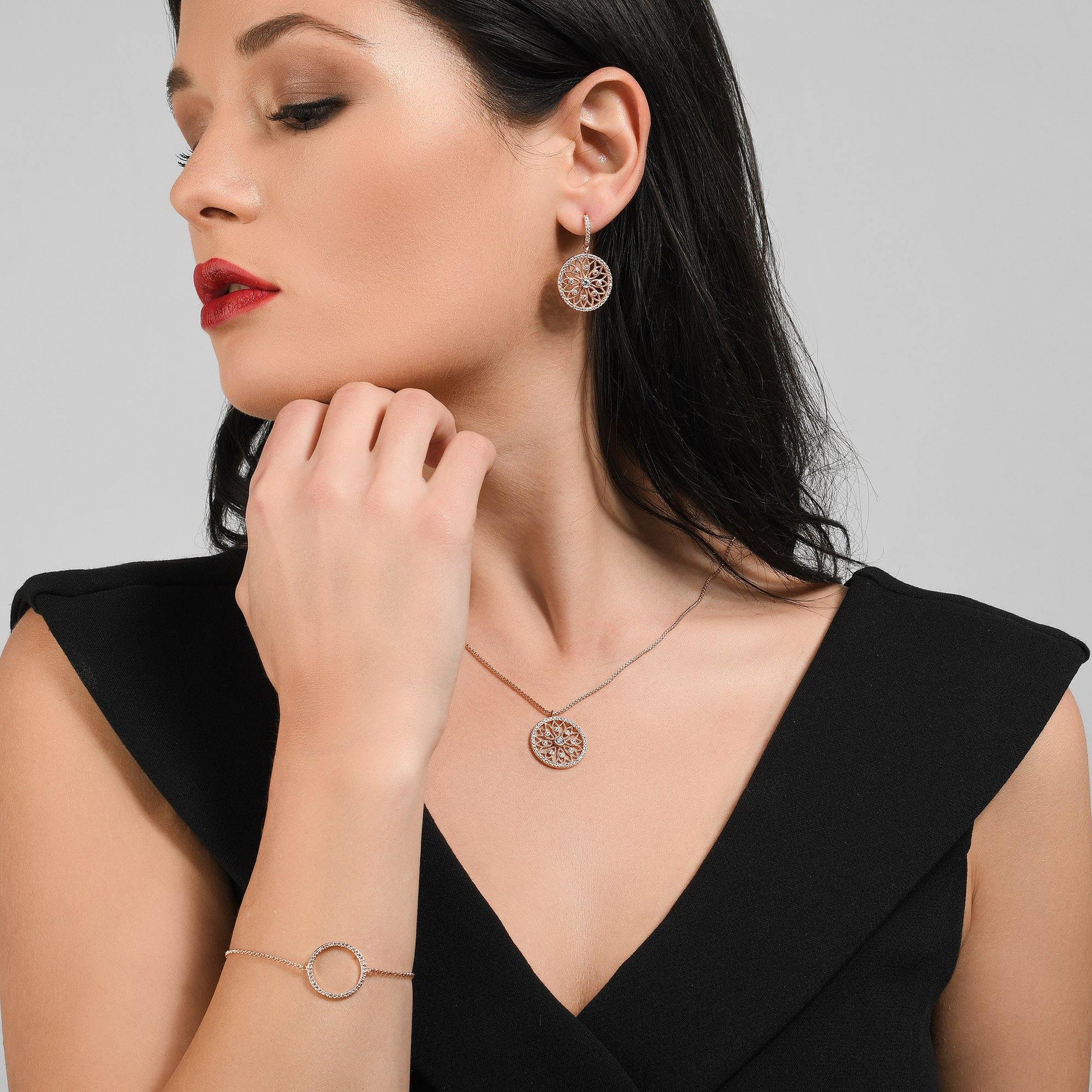 Rose Gold Mandala Arabesque Dangle Earrings with Cubic Zirconia - namana.london