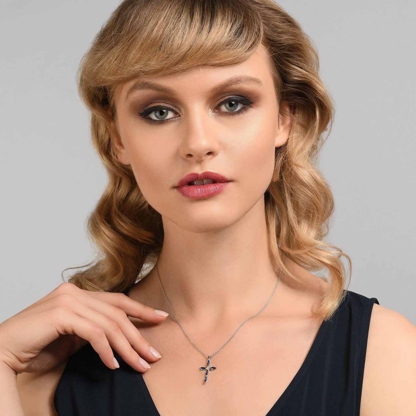 Sterling Silver Cross Necklace for Women with Blue Stones - namana.london