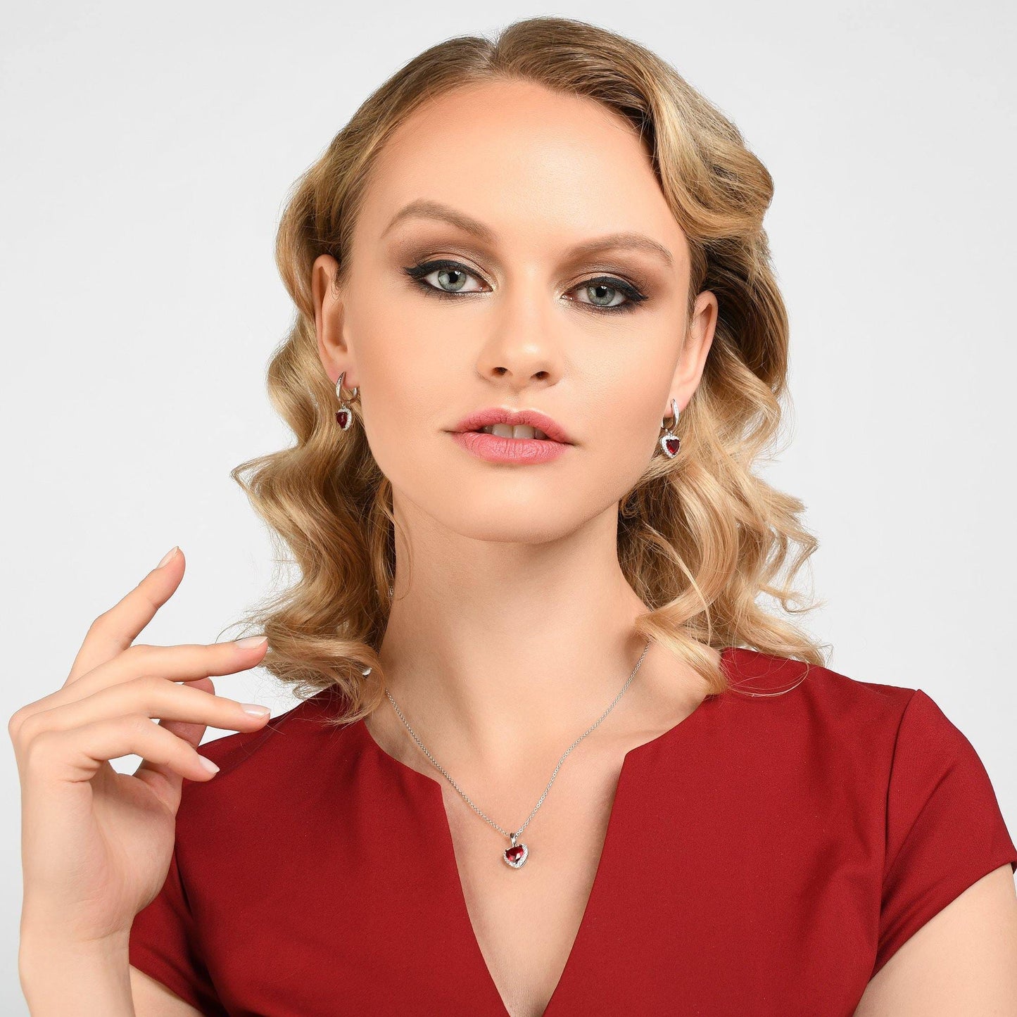 Sterling Silver Heart Earrings for Women With Red Stones and Cubic Zirconia Gemtones - namana.london
