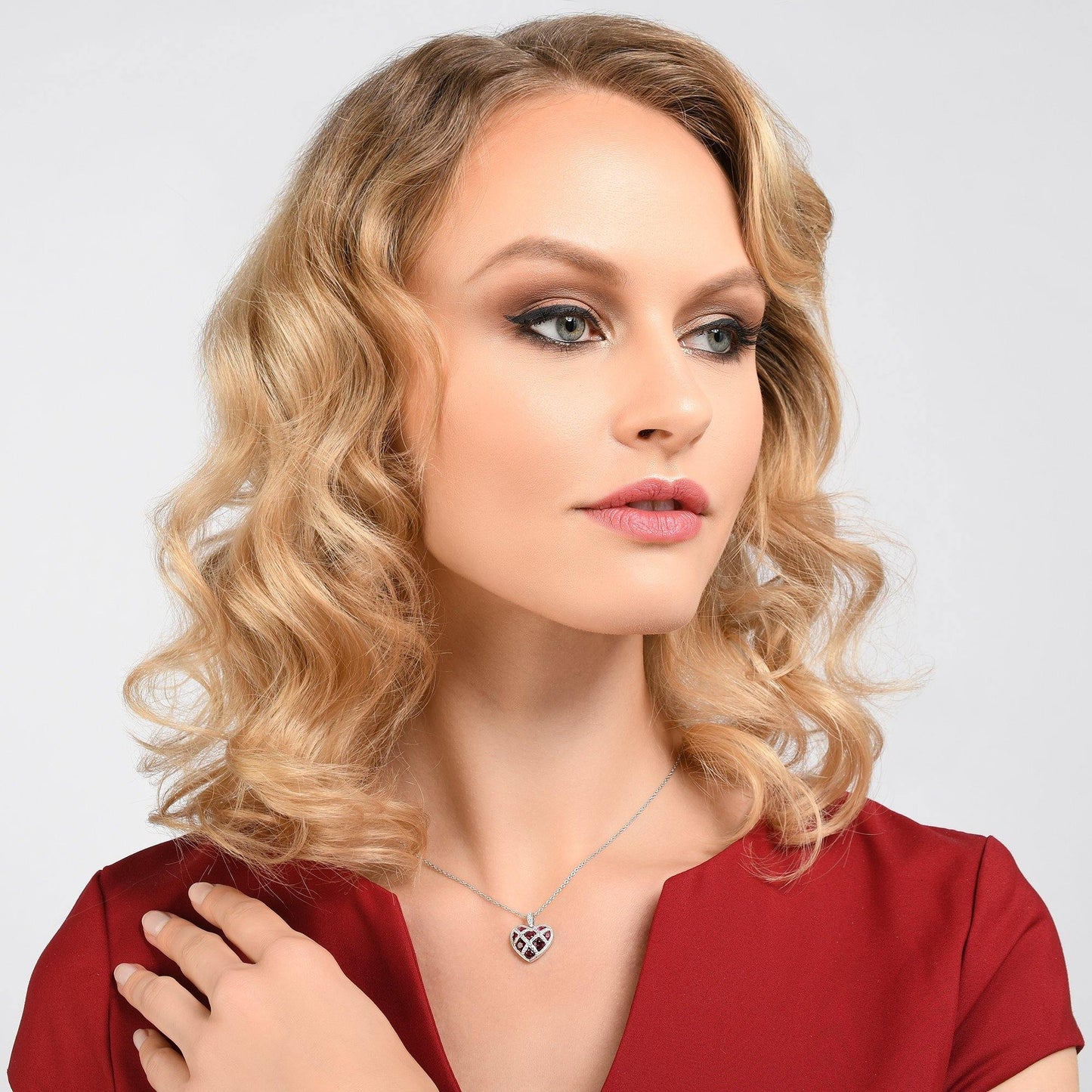 Sterling Silver Lattice Heart Necklace for Women with Red Stones - namana.london