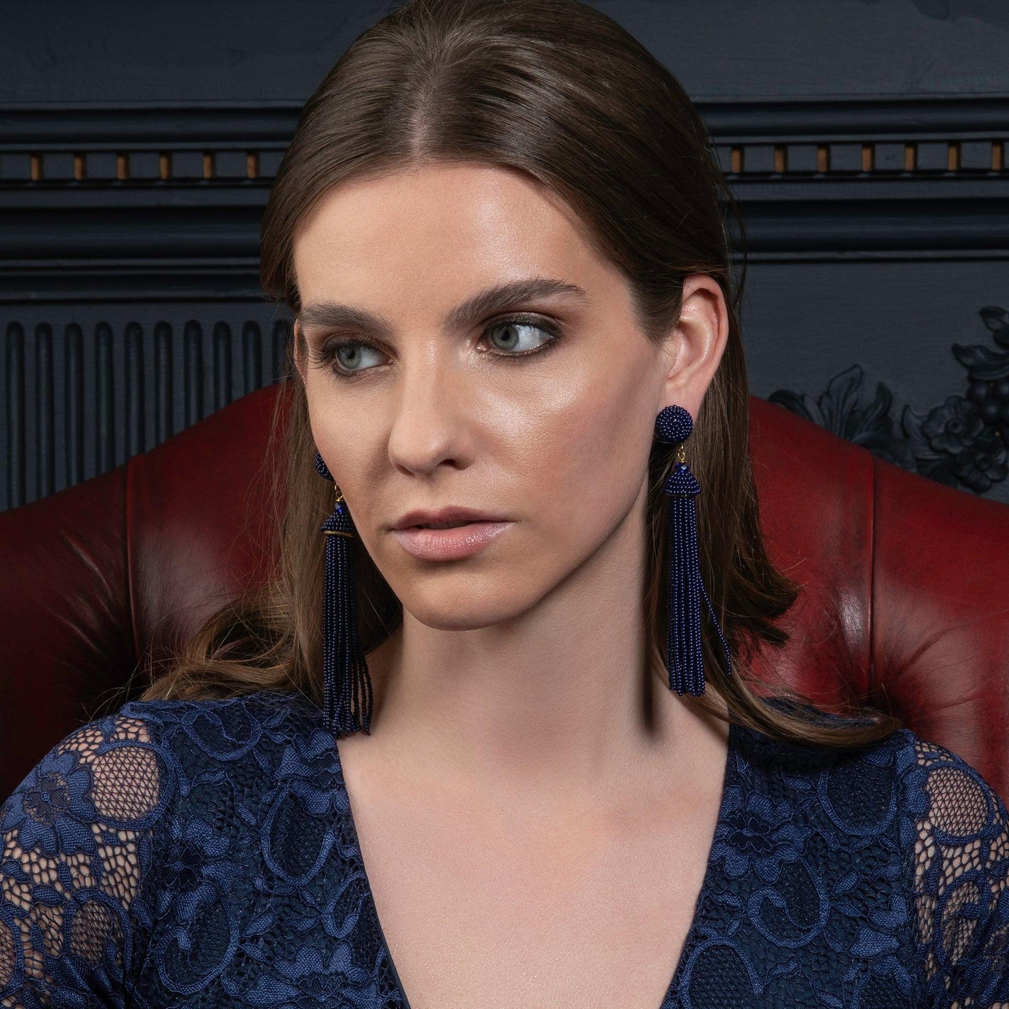 Long Blue Beaded Tassel Earrings for Women - namana.london