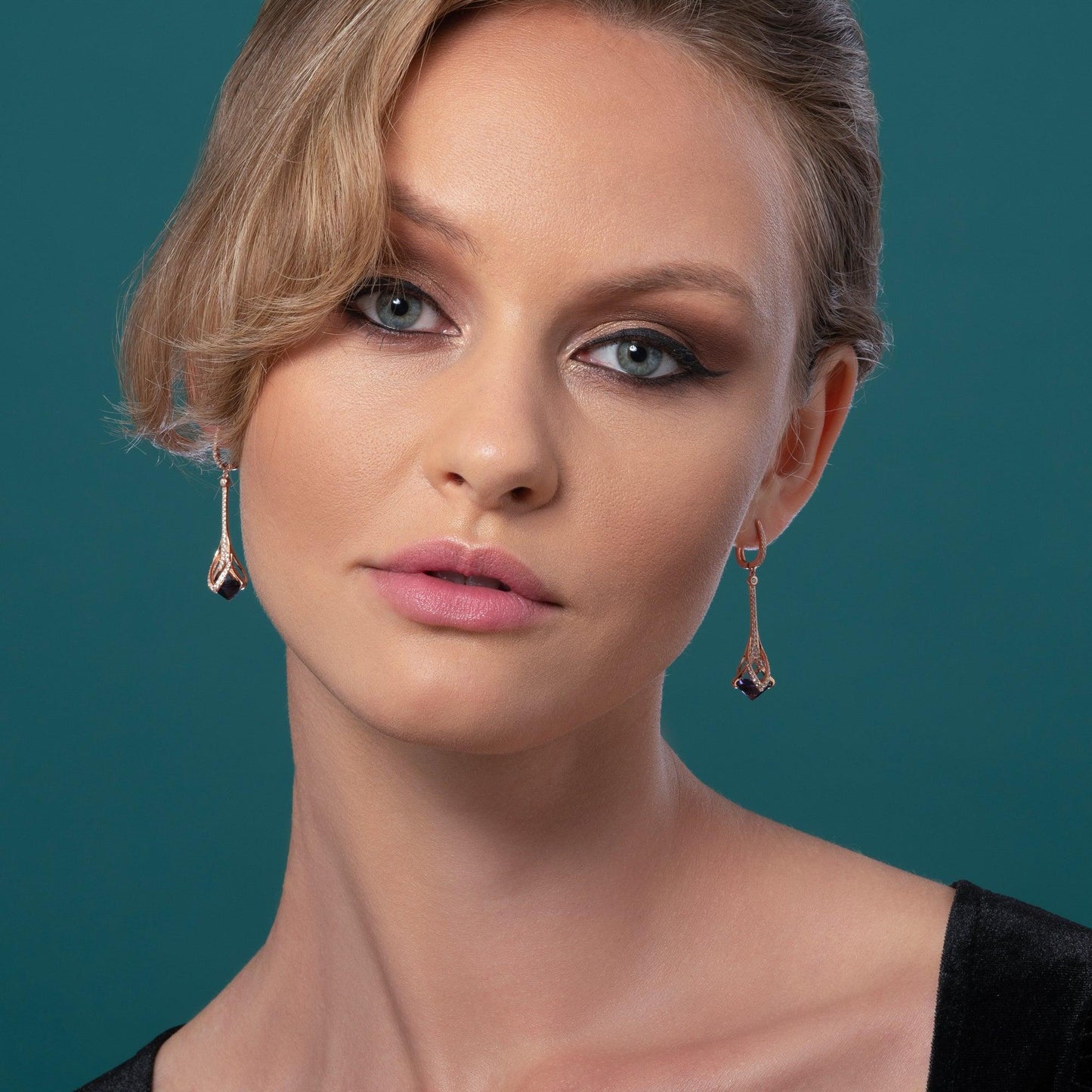Rose Gold Drop Earrings for Women with Purple Stones and Cubic Zirconia Gemstones - namana.london