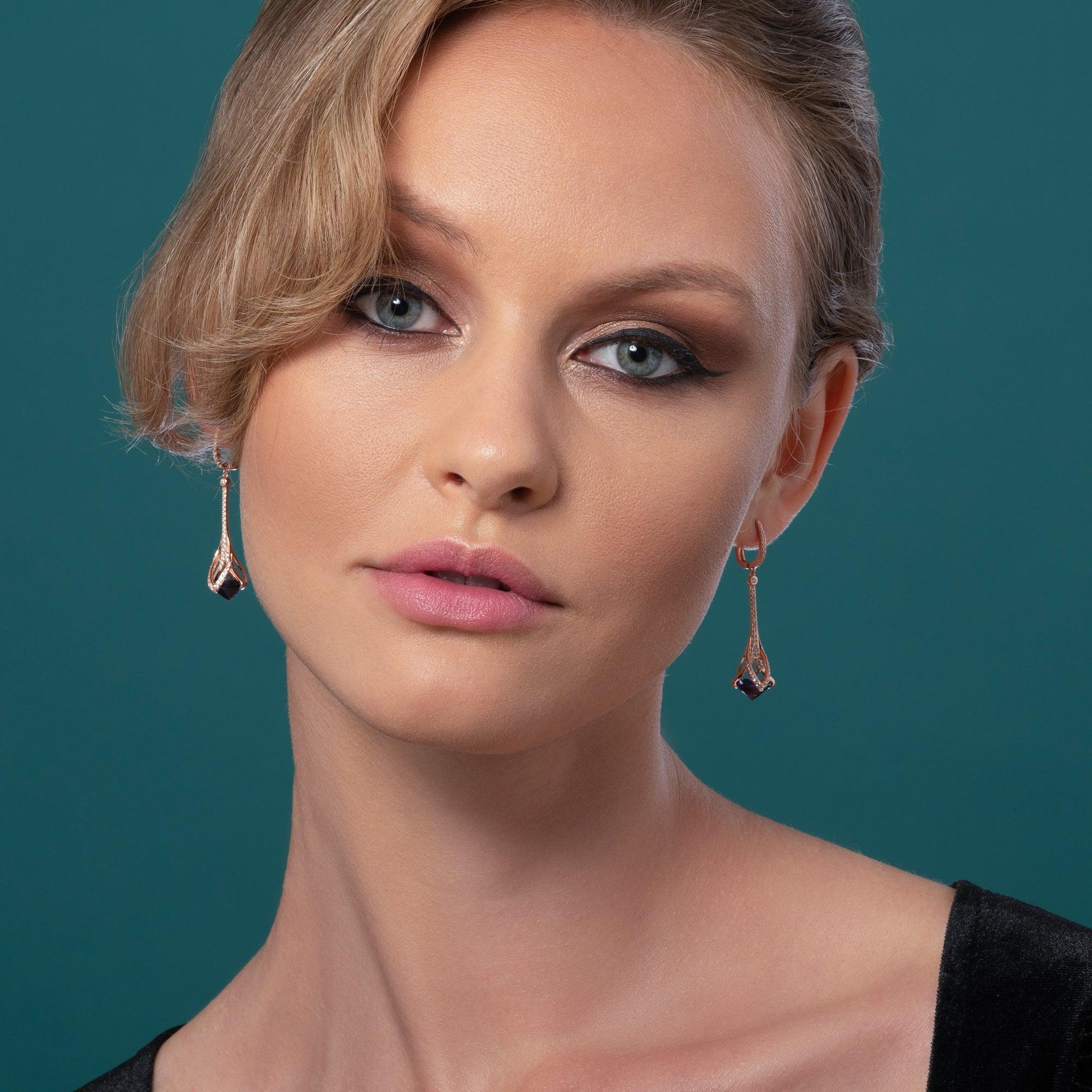 Rose Gold Drop Earrings for Women with Purple Stones and Cubic Zirconia Gemstones - namana.london