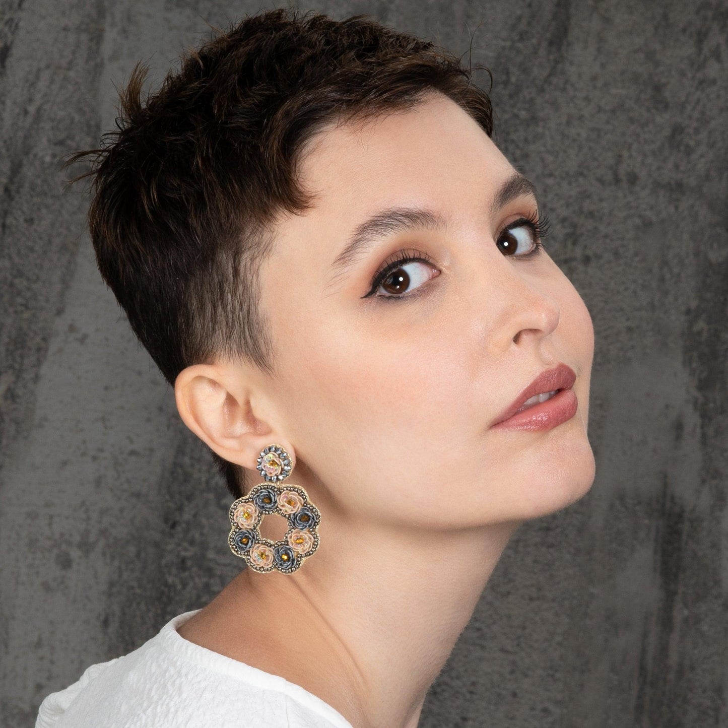 Large Grey and Salmon Flower Statement Earrings for Women - namana.london
