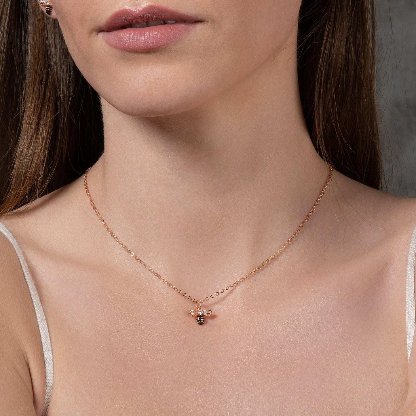 Rose Gold Bumble Bee Necklace with Cubic Zirconia and Black Enamel - namana.london
