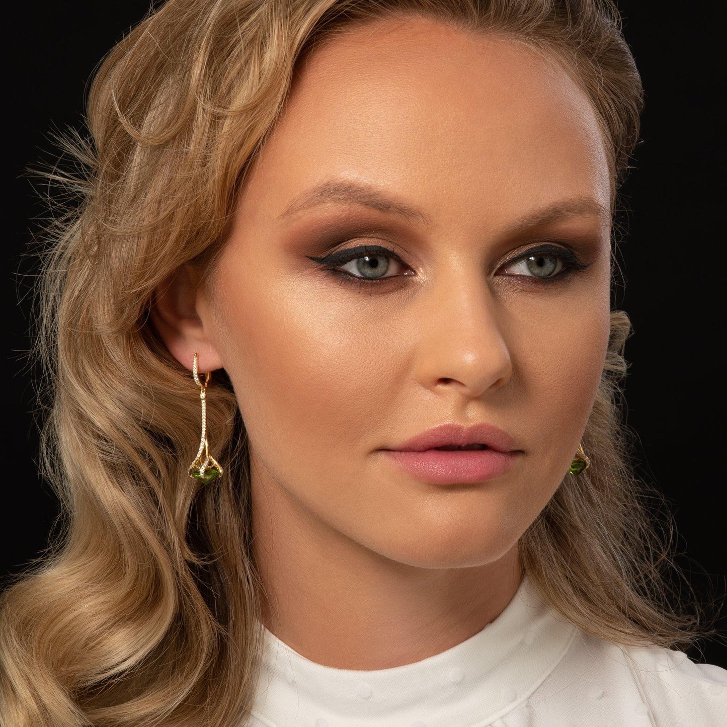 Gold Drop Earrings for Women with Green Stones and Cubic Zirconia Gemstones - namana.london