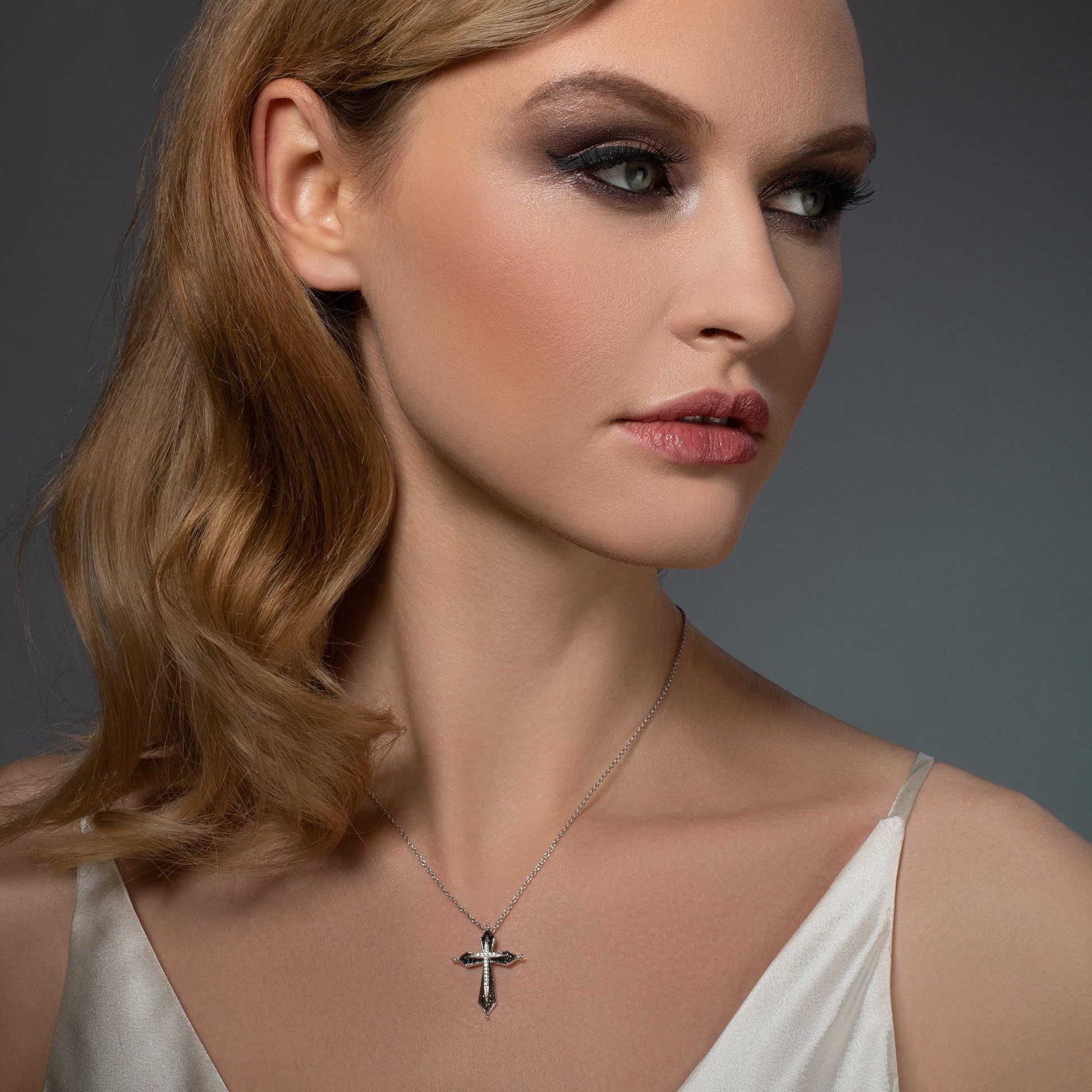 Sterling Silver Elegant Black and Silver Cross Necklace for Women - namana.london
