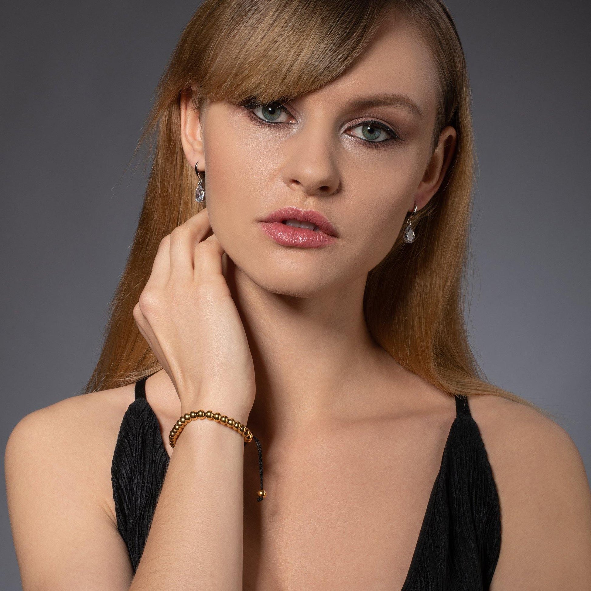 Gold Bracelet for Women with Metal Beads on Adjustable Black Cord - namana.london