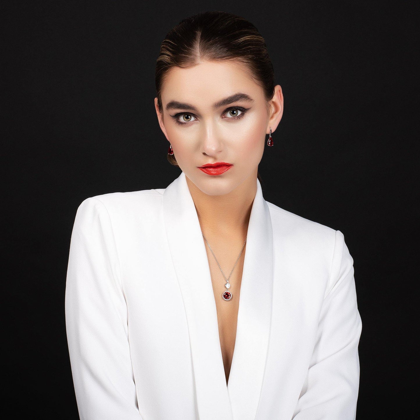 Pear Drop Earrings with Red Cubic Zirconia Stones - namana.london
