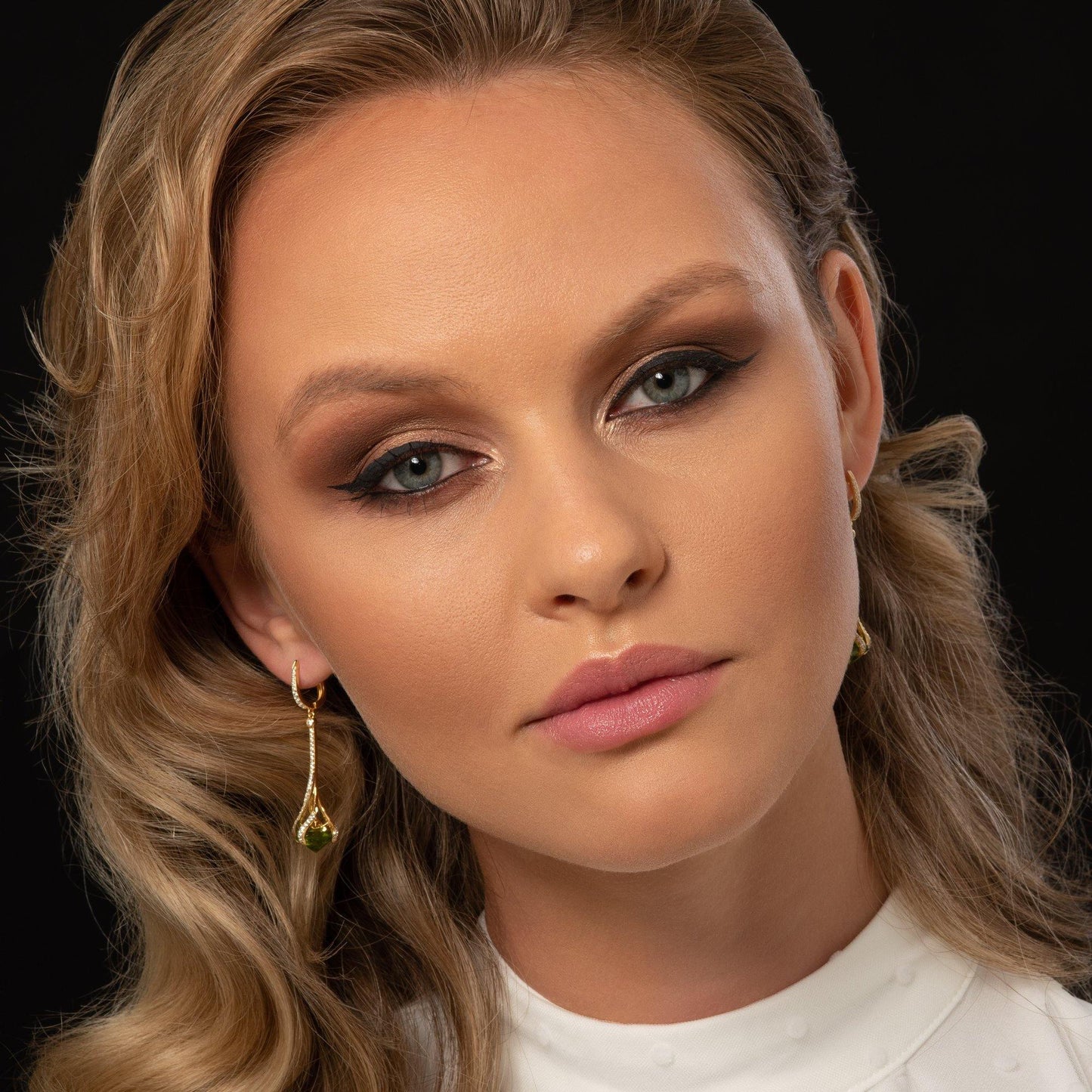 Gold Drop Earrings for Women with Green Stones and Cubic Zirconia Gemstones - namana.london