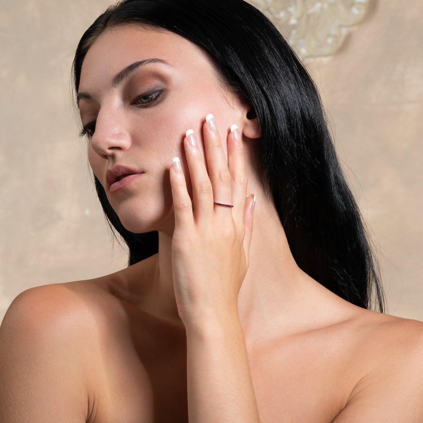 Skinny Sterling Silver Band Ring for Women with Red Cubic Zirconia Stones - namana.london
