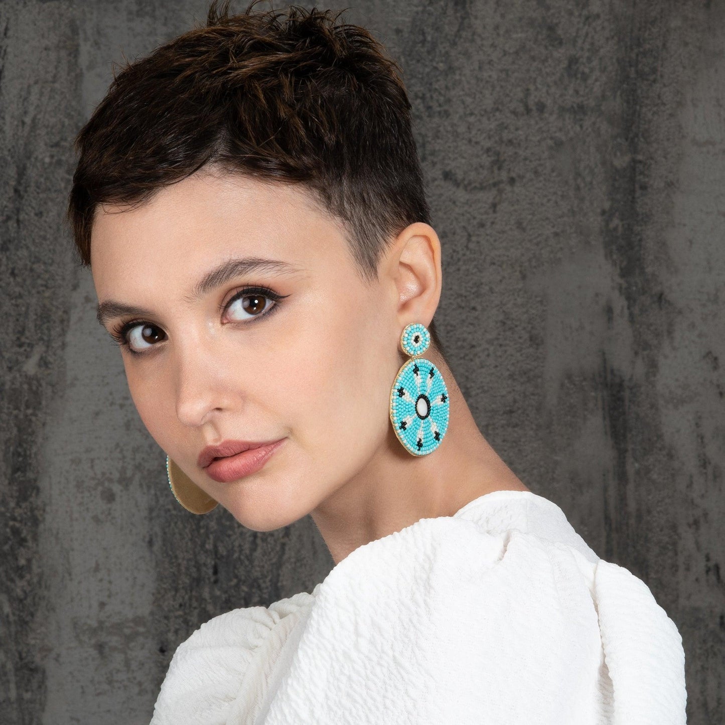Large Turquoise Blue Beaded Statement Earrings for Women - namana.london