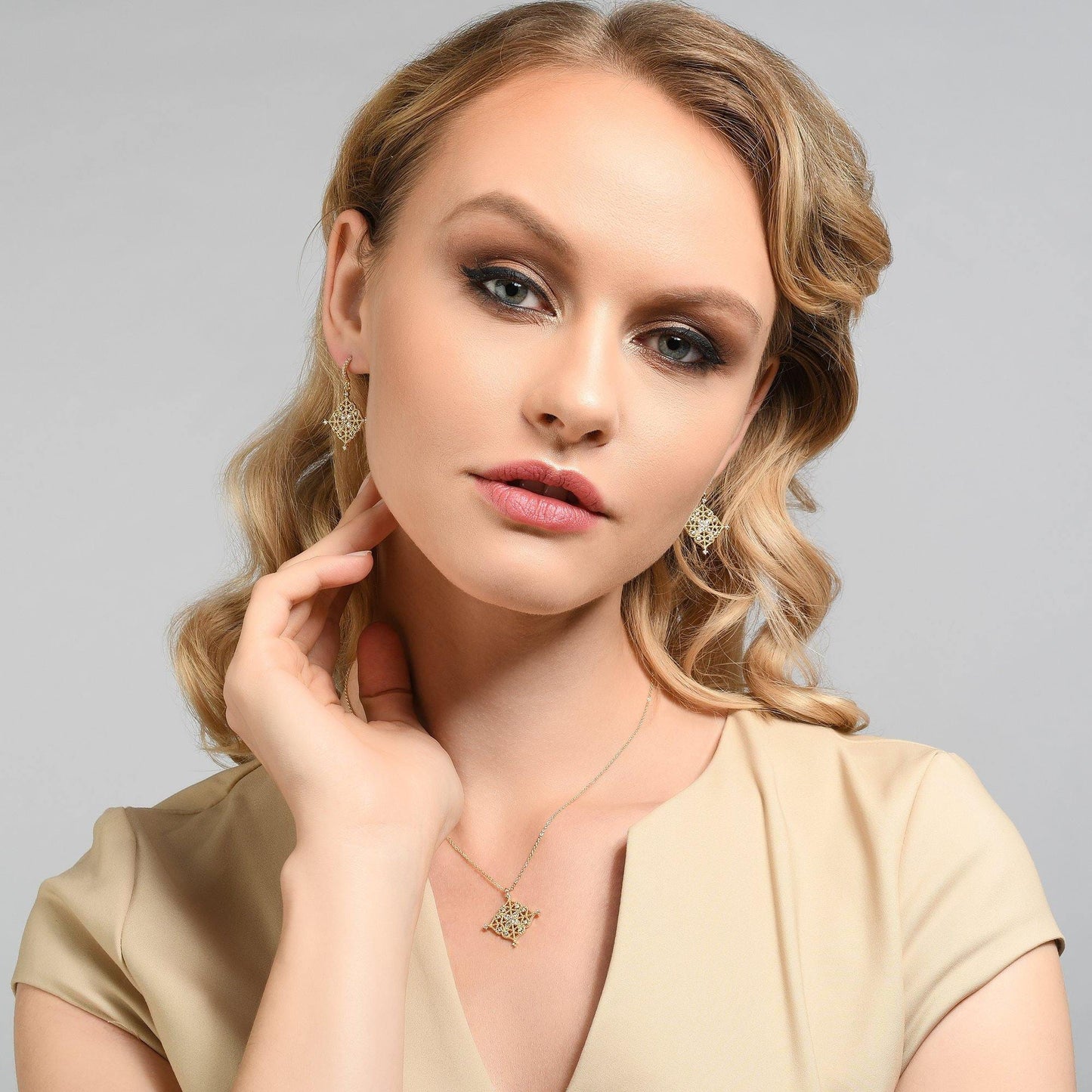 Gold Arabesque Dangle Earrings with Cubic Zirconia - namana.london