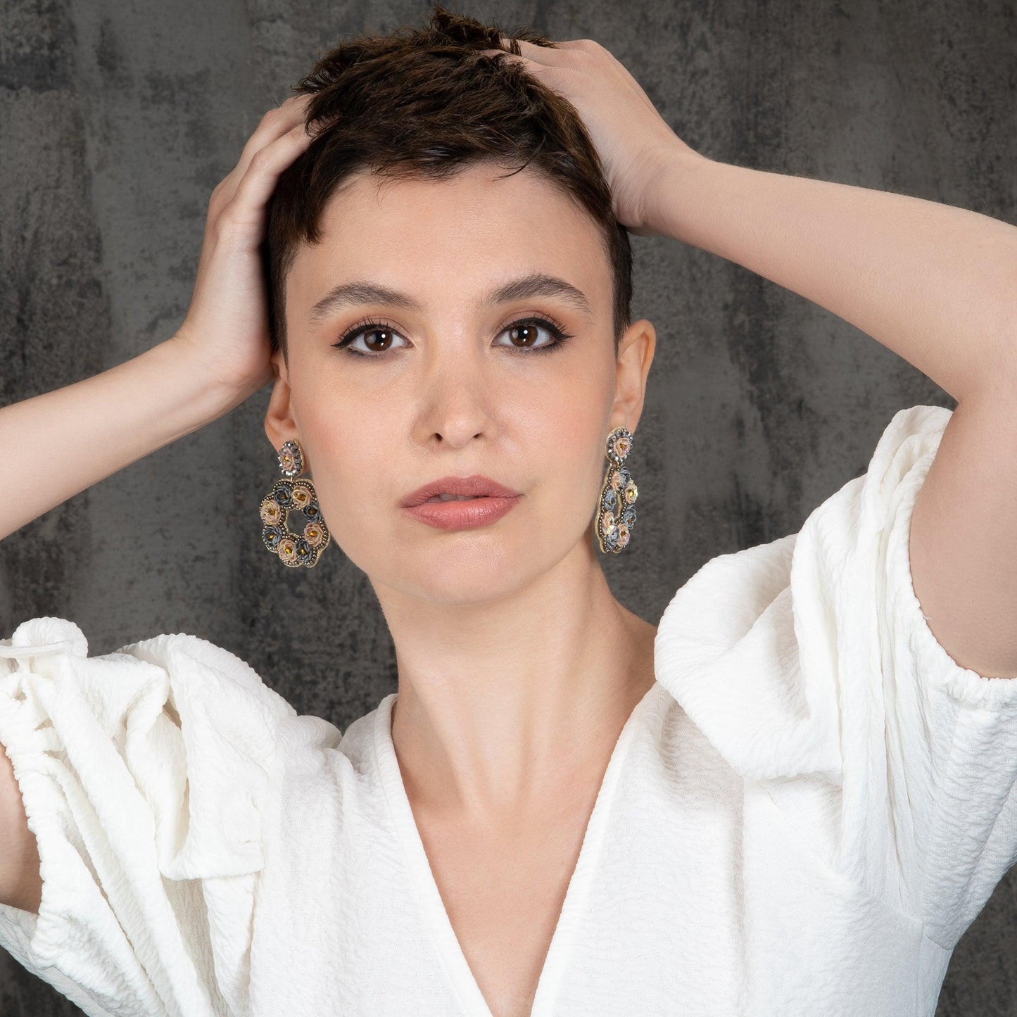 Large Grey and Salmon Flower Statement Earrings for Women - namana.london