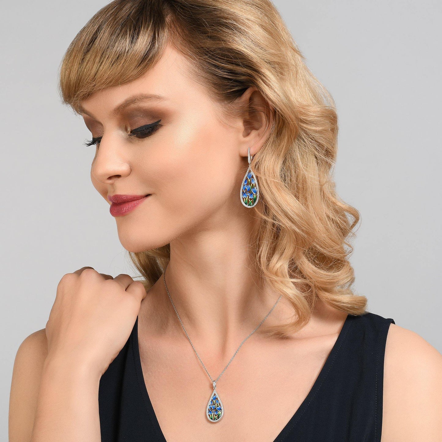 Sterling Silver Statement Drop Earrings for Women with Enamel Flower Details and Cubic Zirconia Gemstones - namana.london