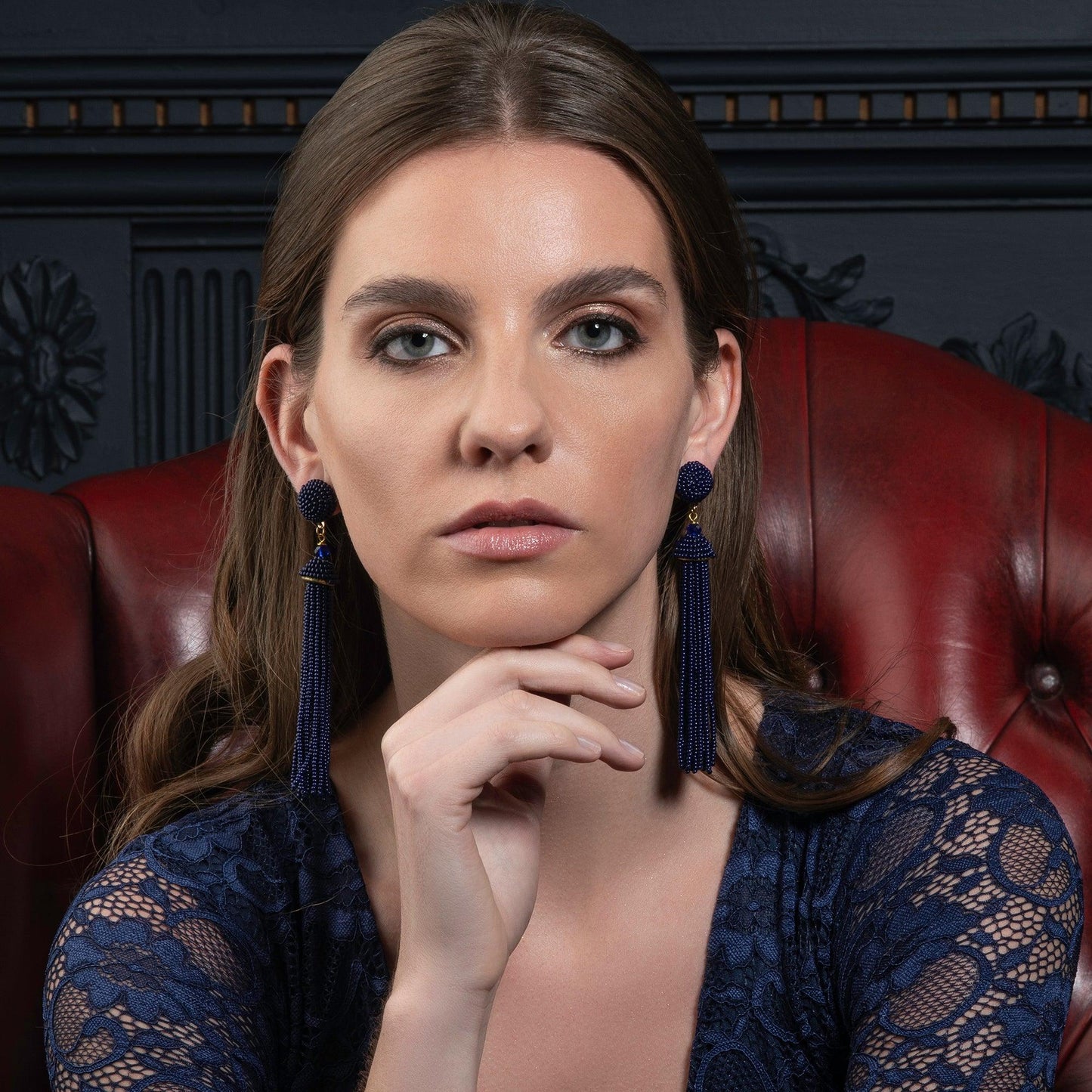 Long Blue Beaded Tassel Earrings for Women - namana.london
