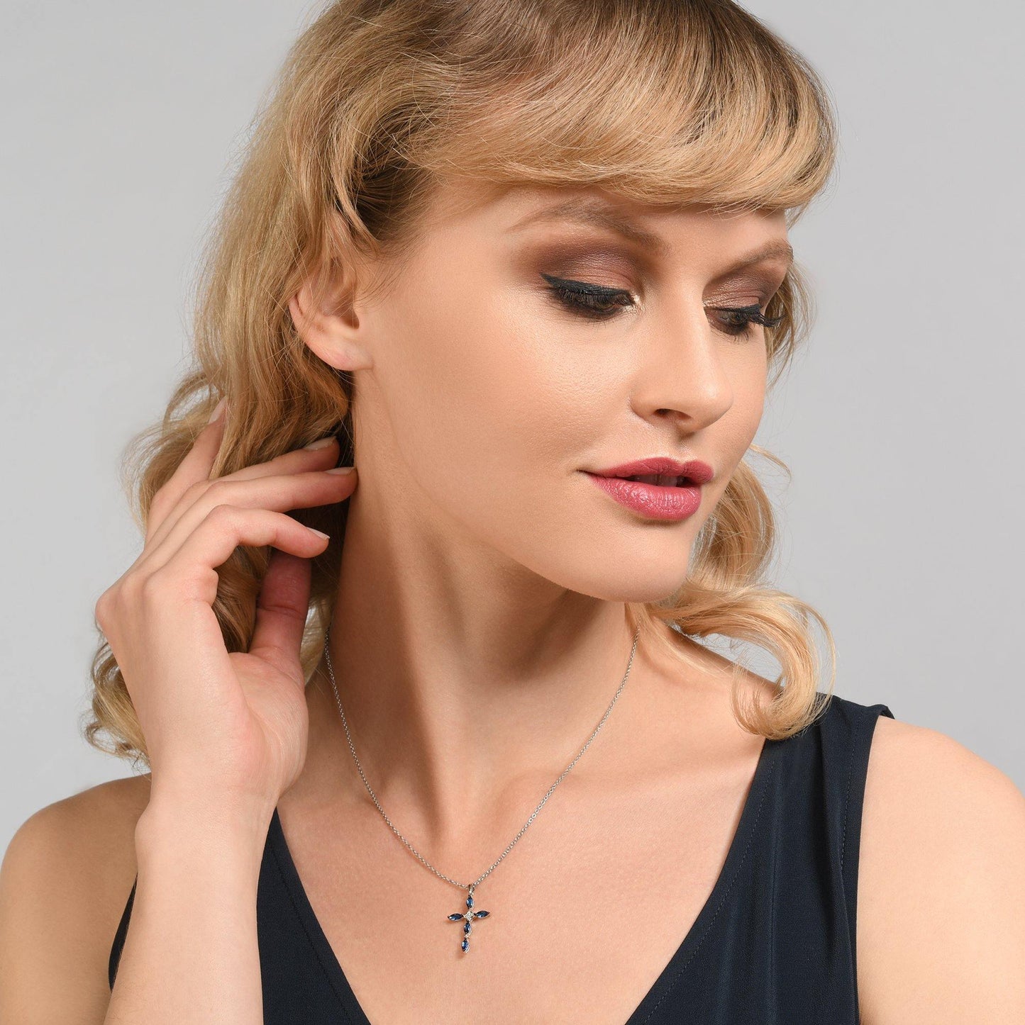 Sterling Silver Cross Necklace for Women with Blue Stones - namana.london