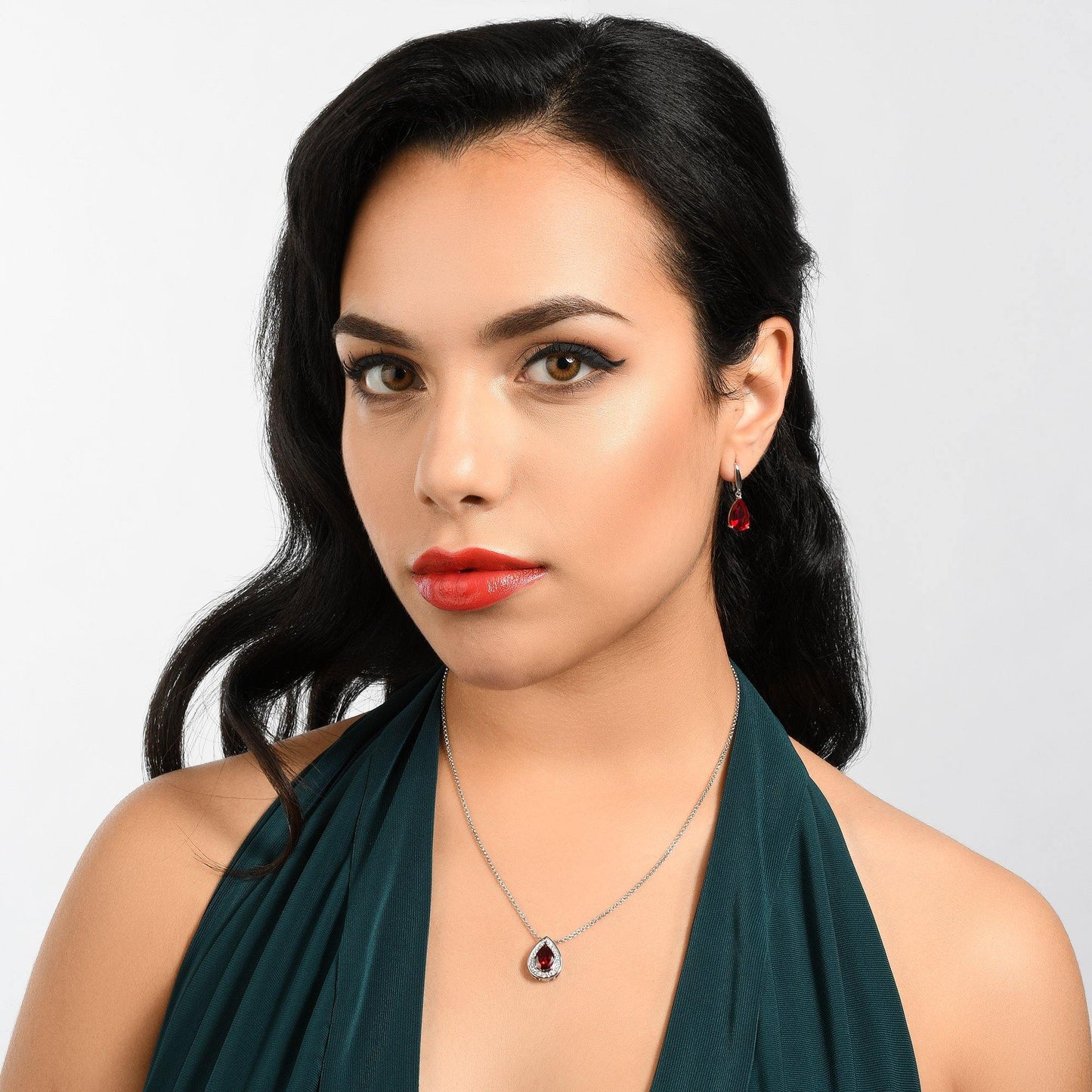 Teardrop Pendant Necklace with a Red Cubic Zirconia Gemstone - namana.london
