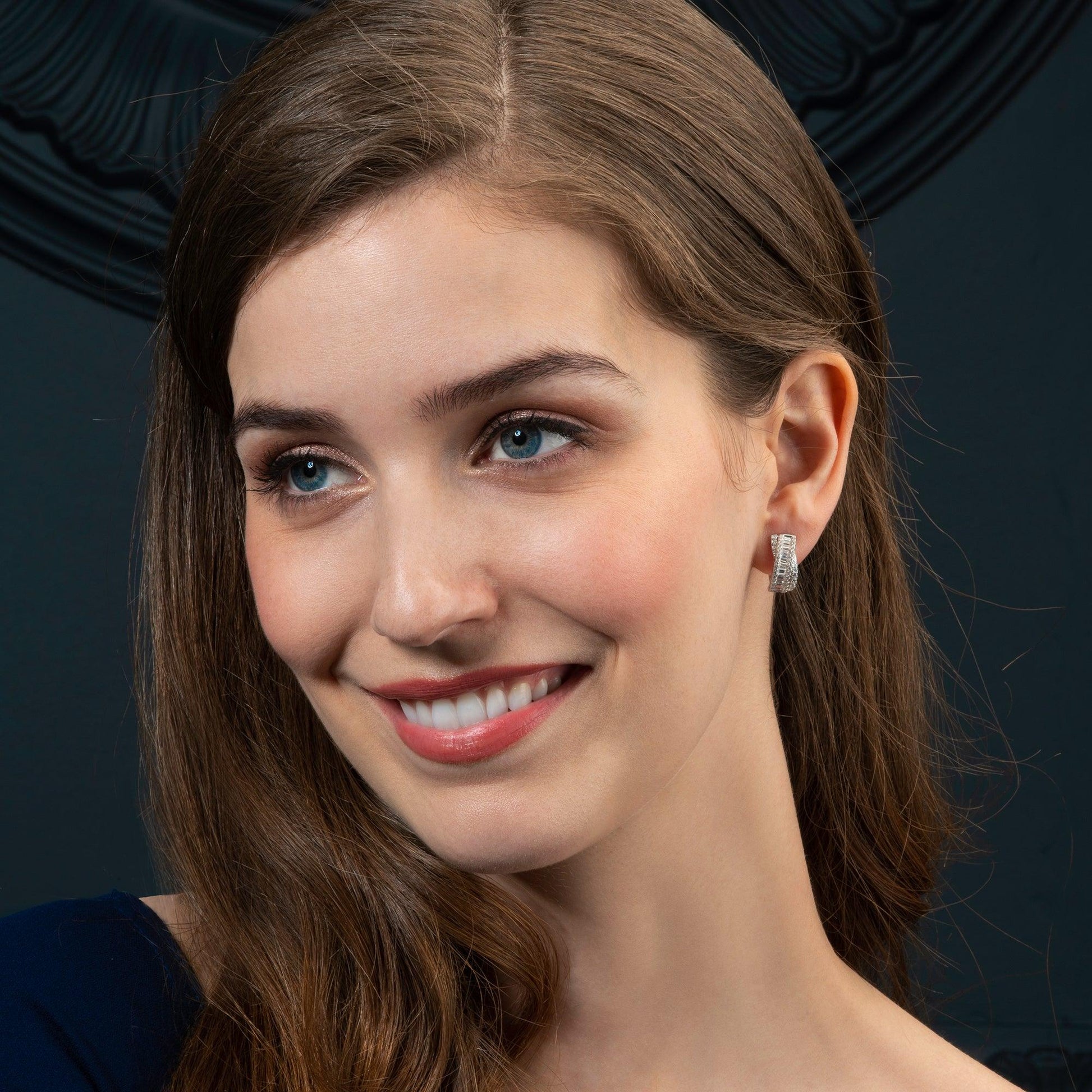 Sterling Silver Large Hoop Earrings for Women with Baguette Stones - namana.london