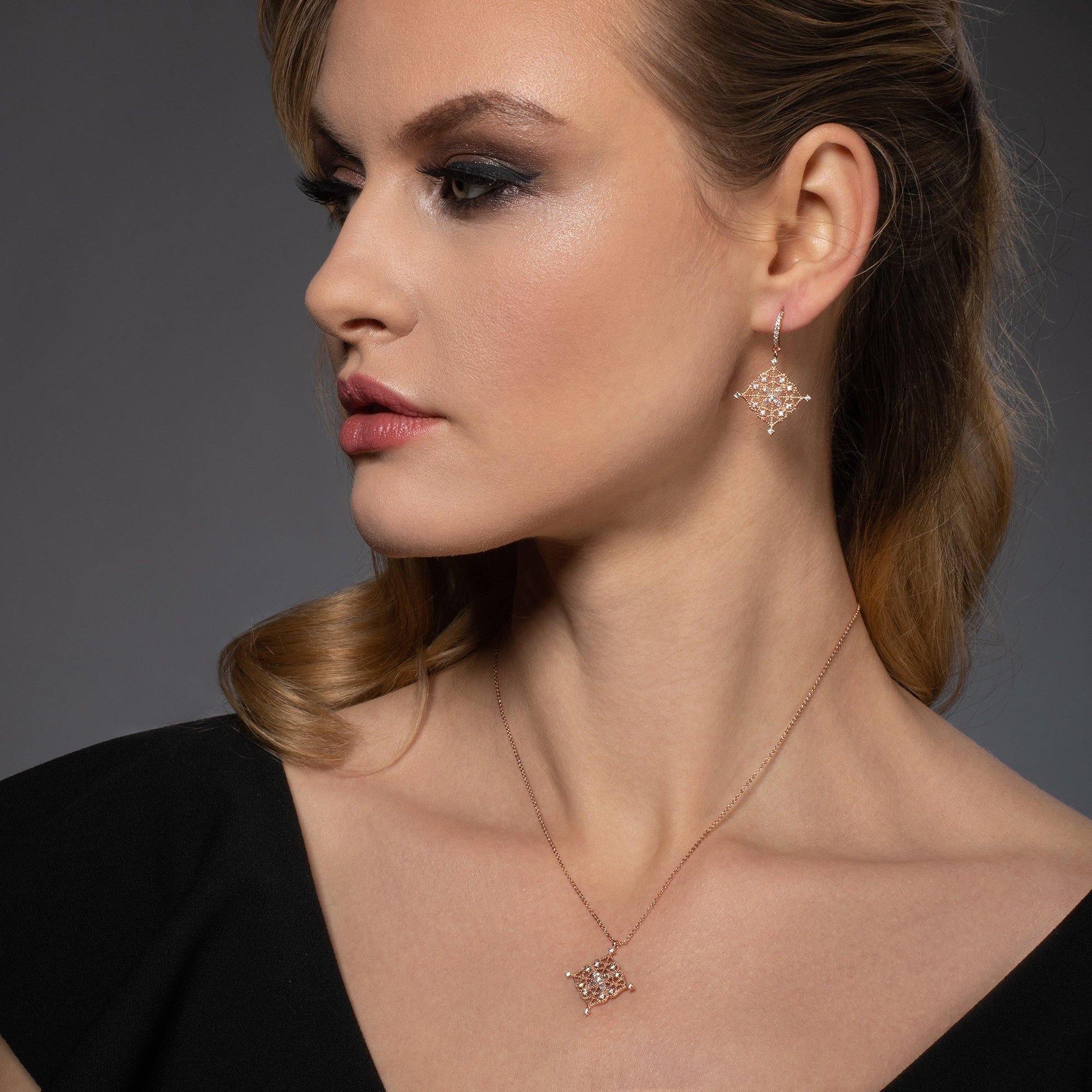 Rose Gold Arabesque Dangle Earrings with Cubic Zirconia - namana.london