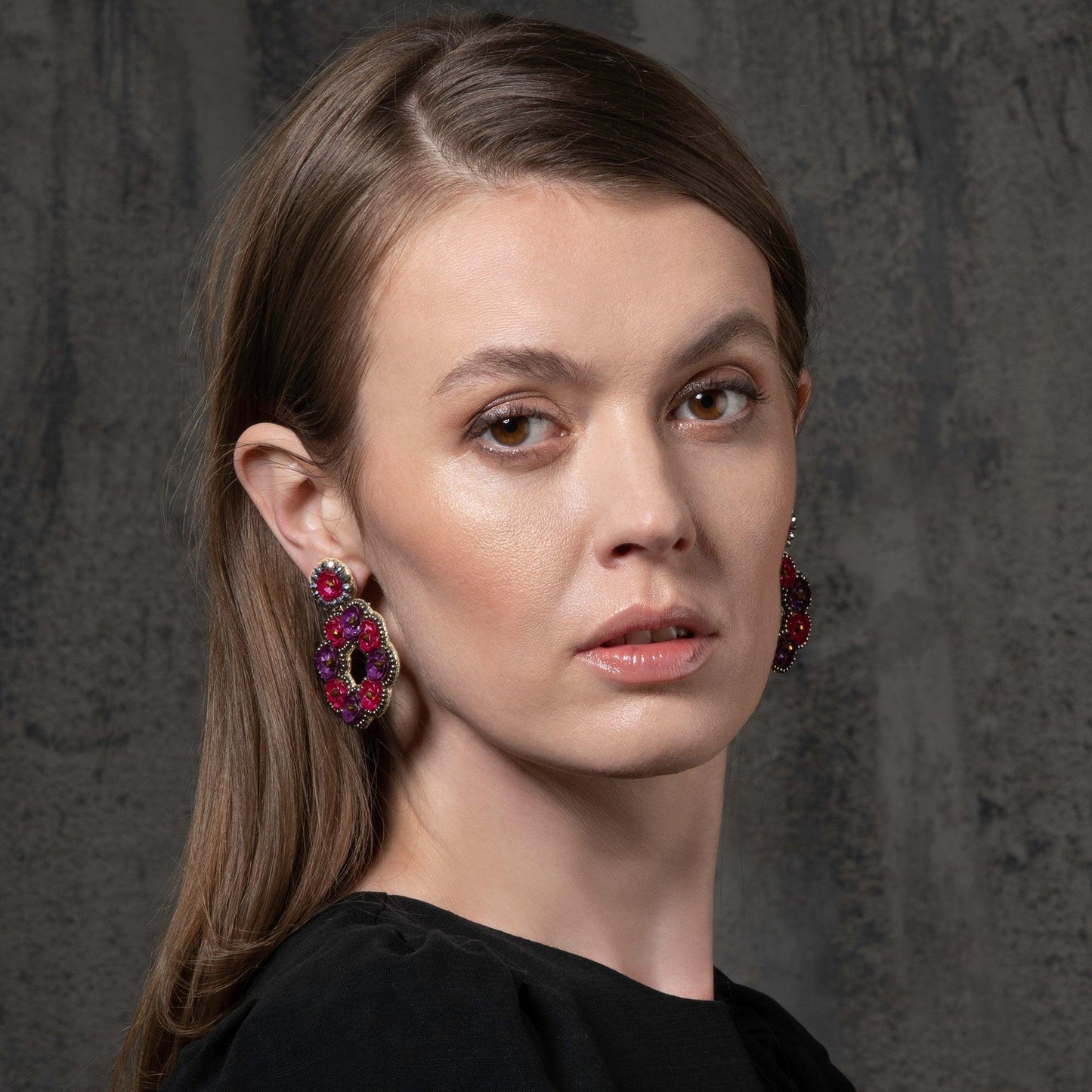 Large Pink and Purple Flower Statement Earrings for Women - namana.london