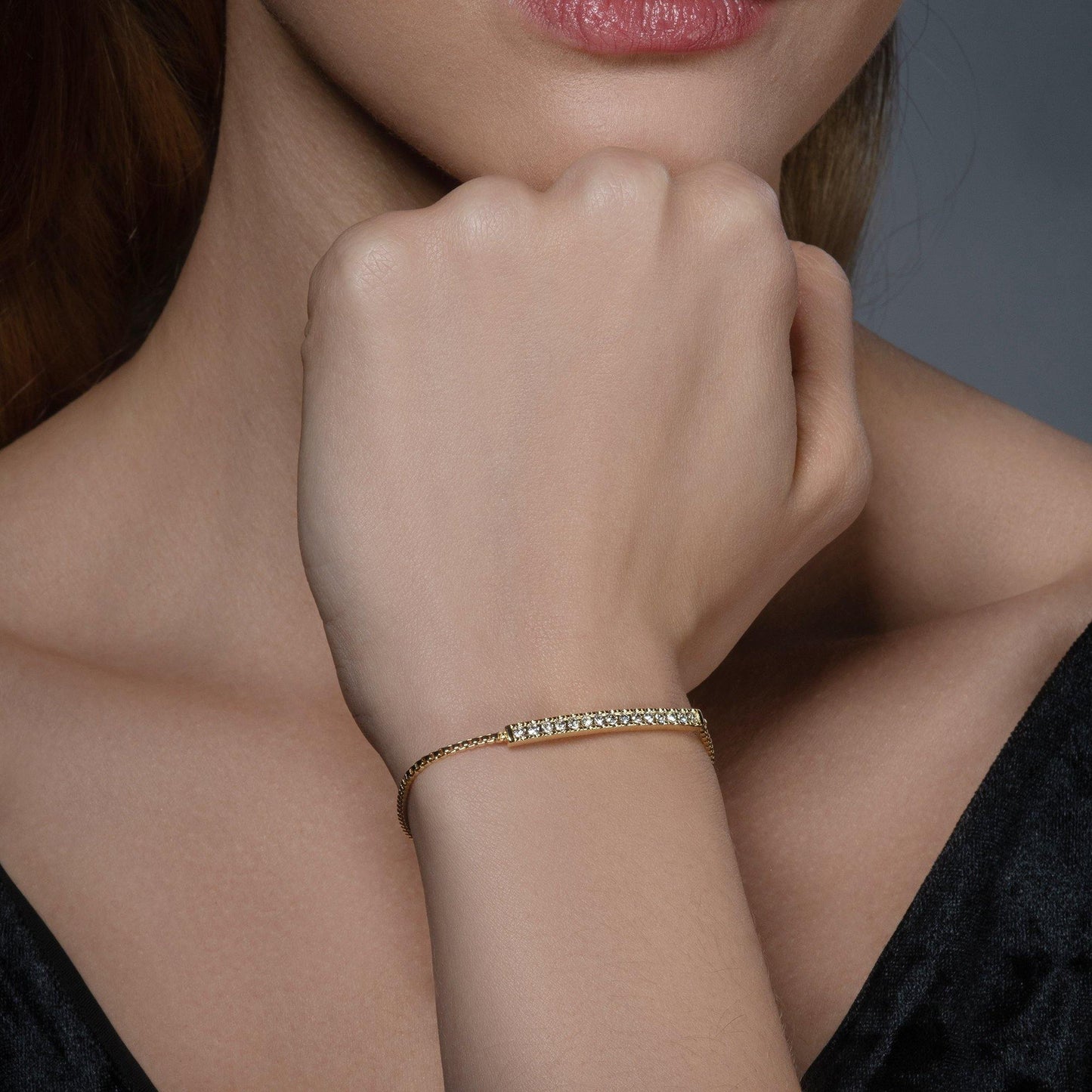 Gold Crystal Bar Bracelet with Adjustable Bead Fastening. - namana.london