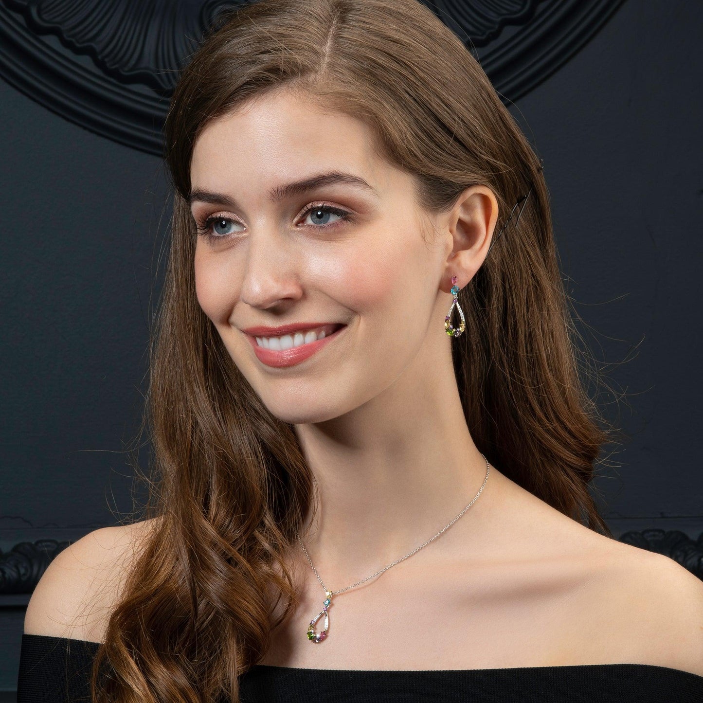 Sterling Silver Colourful Drop Earrings for Women with Multicoloured Stones and Cubic Zirconia Gemstones - namana.london