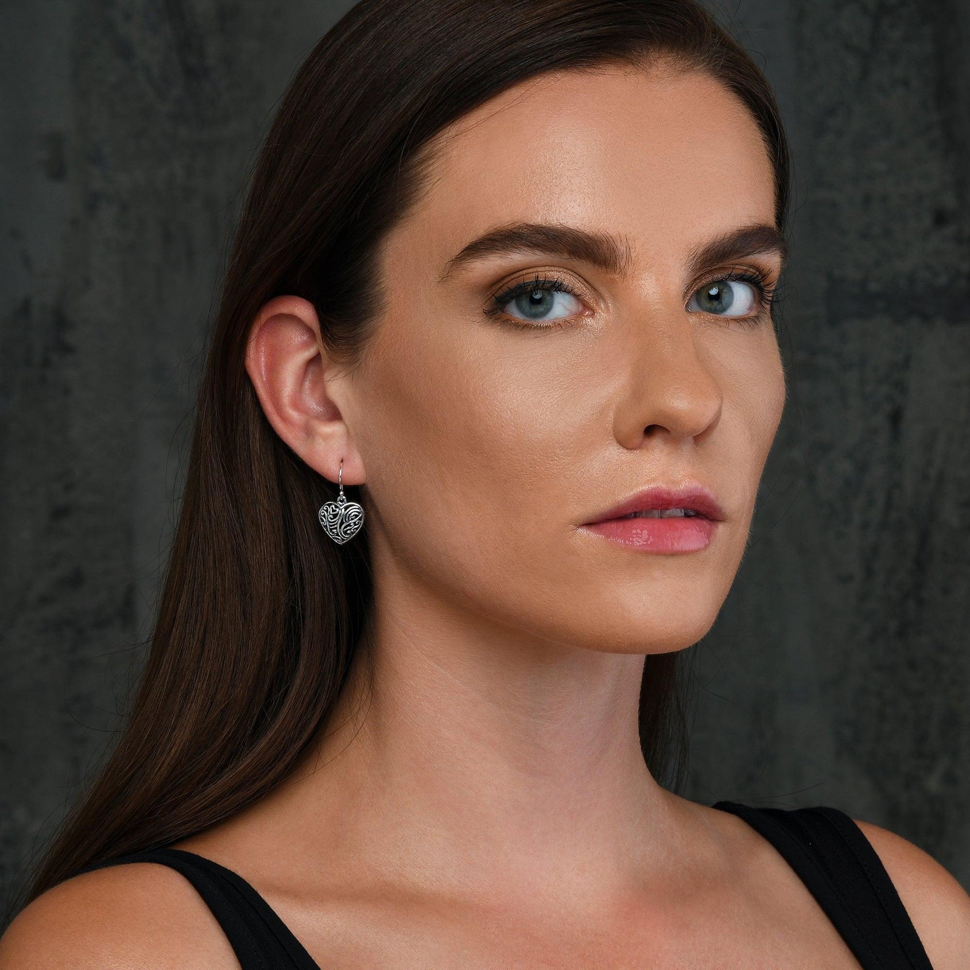 925 Sterling Silver Intricate Heart Drop Earrings for Women - namana.london
