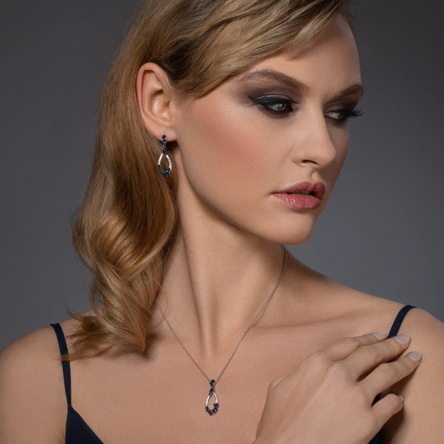 Sterling Silver Drop Pendant Necklace for Women with Blue Stones and Cubic Zirconia Gemstones - namana.london