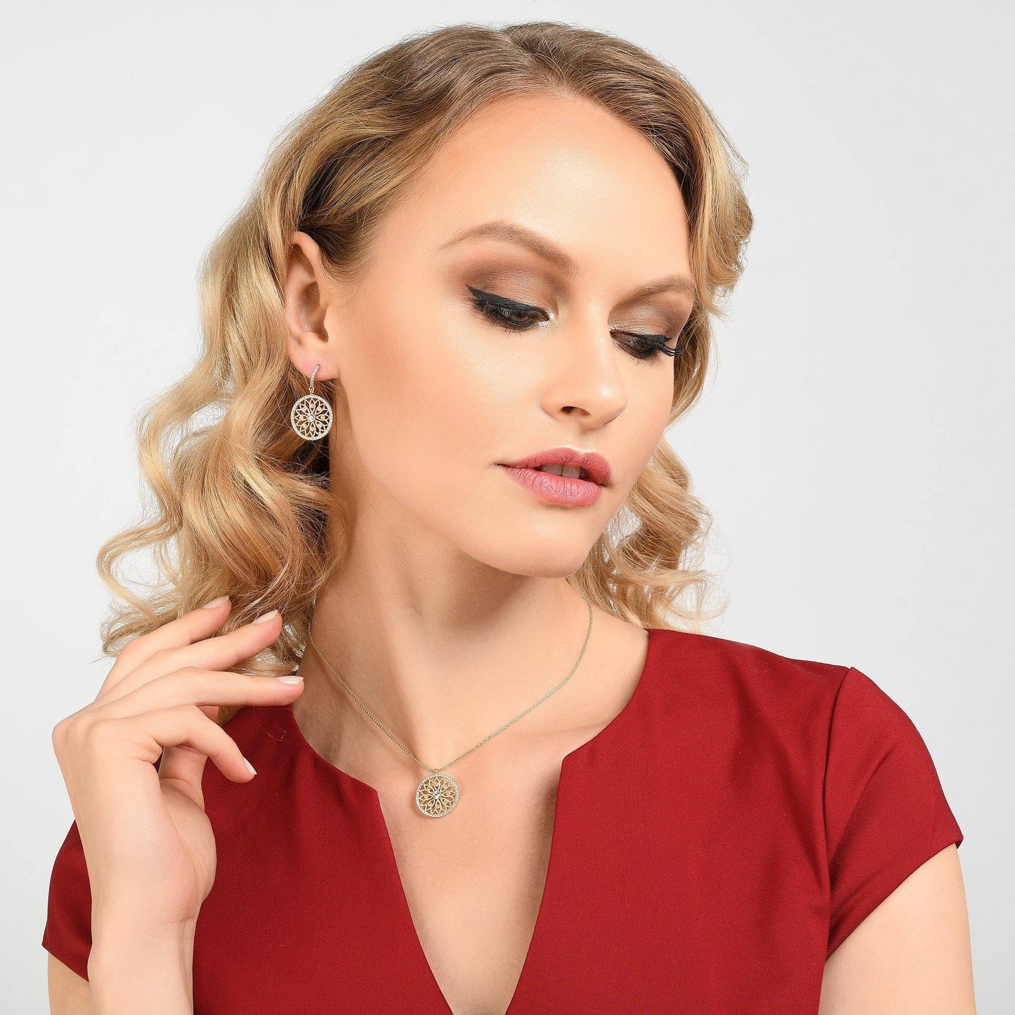 Gold Mandala Arabesque Dangle Earrings with Cubic Zirconia - namana.london