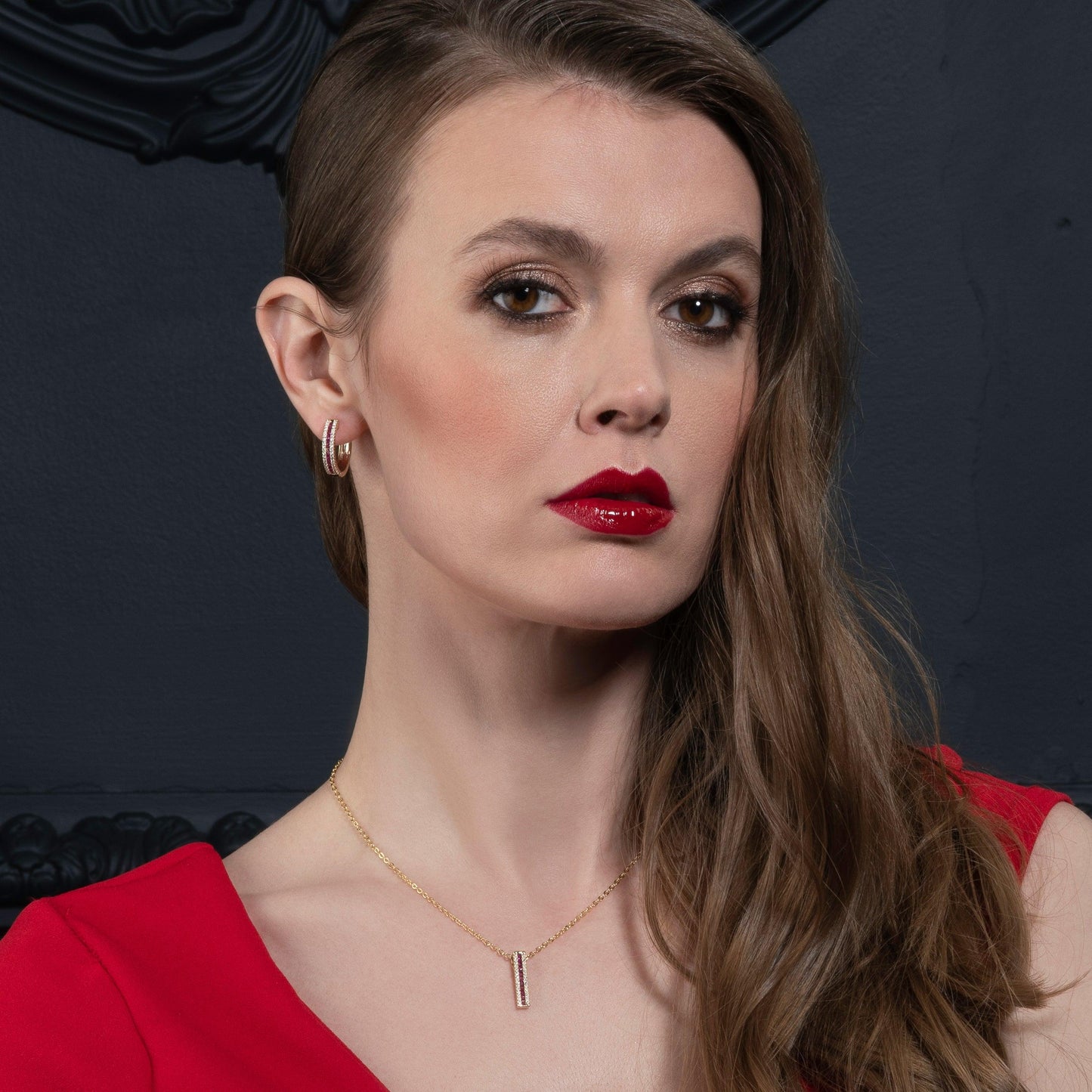 Gold Bar Pendant Necklace with Red Cubic Zirconia Stones - namana.london