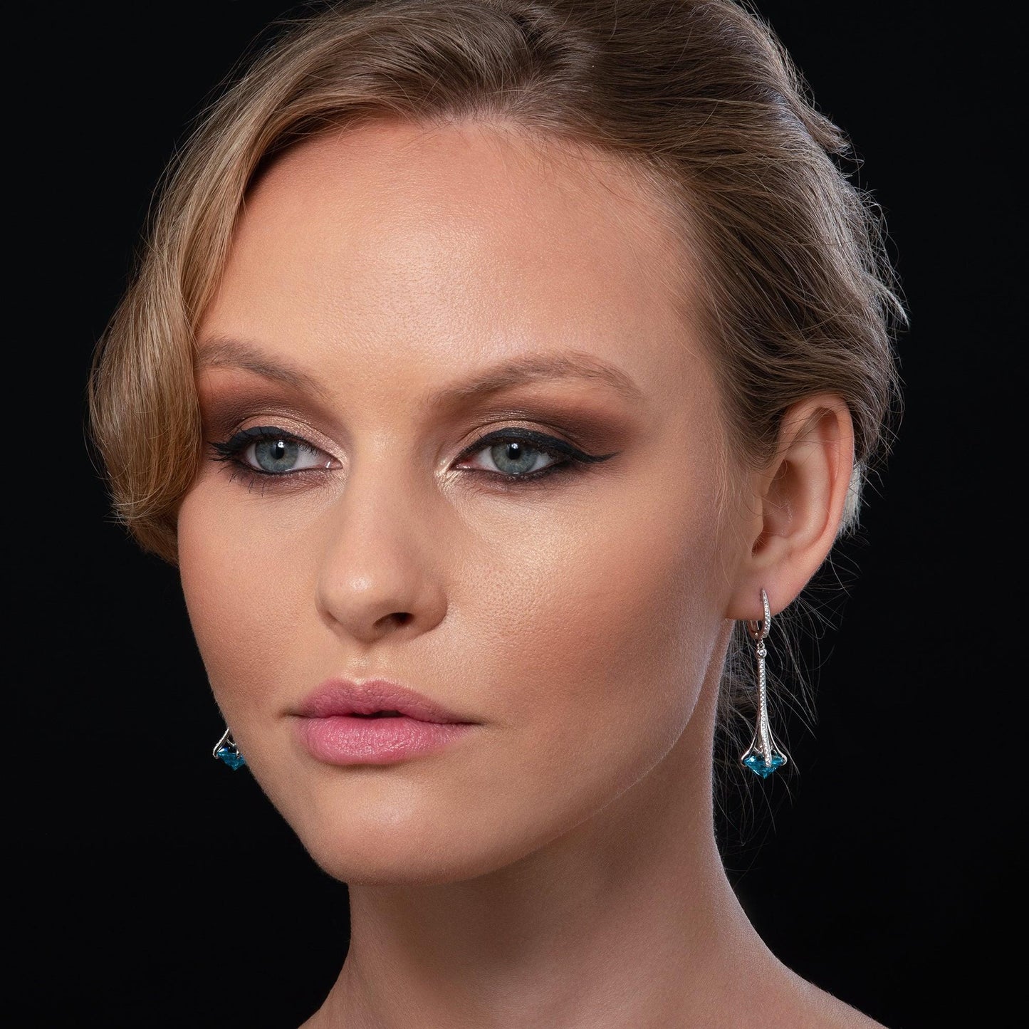 Sterling Silver Long Drop Earrings for Women with Light Blue Stones and Cubic Zirconia Gemstones - namana.london