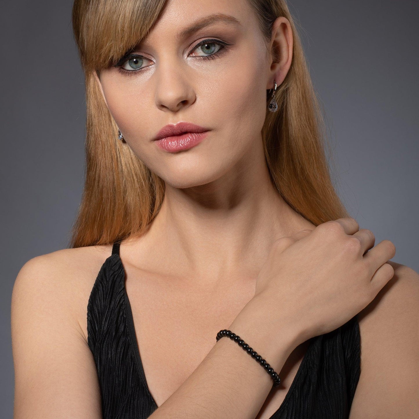 Gunmetal Black Bracelet for Women with Metal Beads on Adjustable Black Cord - namana.london