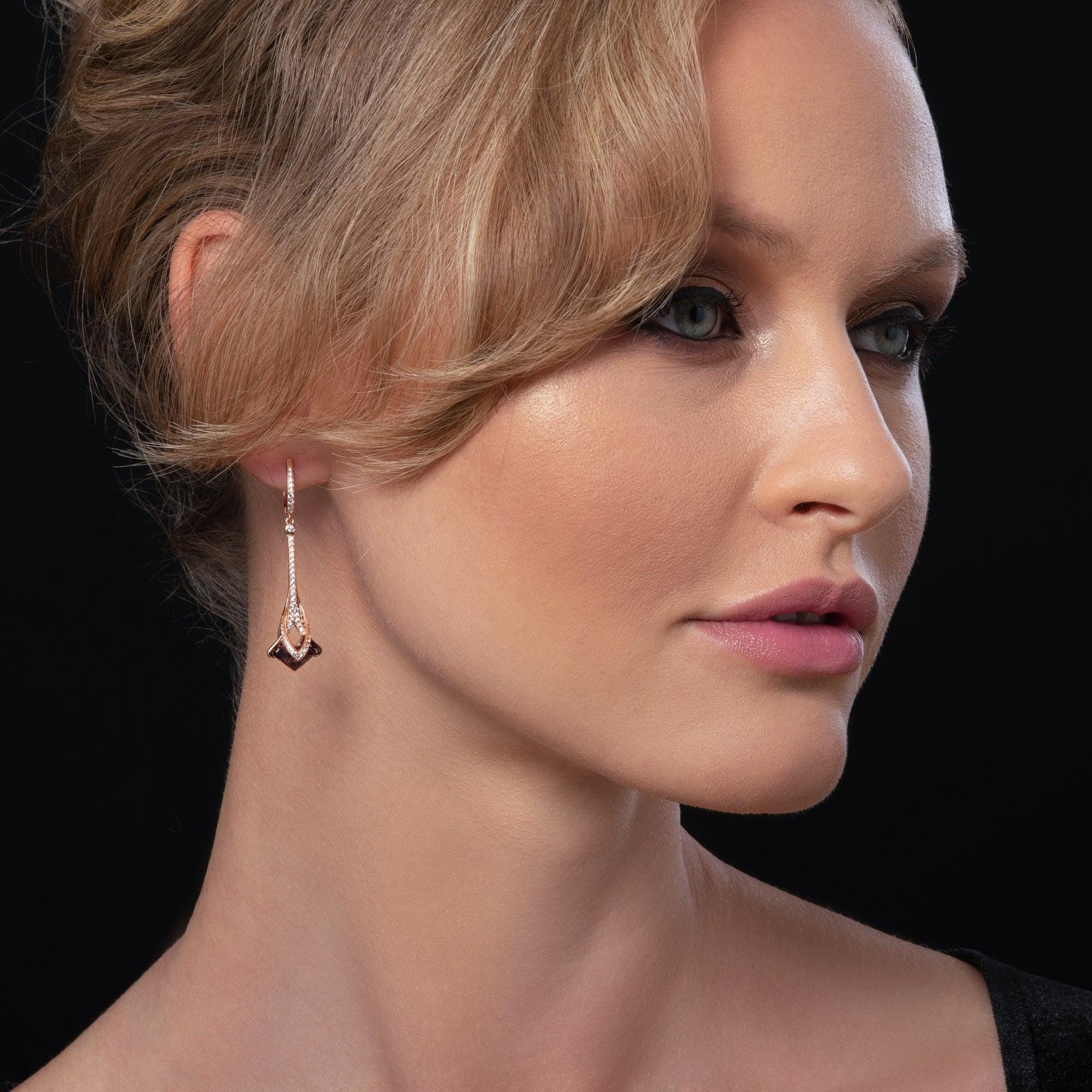 Rose Gold Drop Earrings for Women with Purple Stones and Cubic Zirconia Gemstones - namana.london