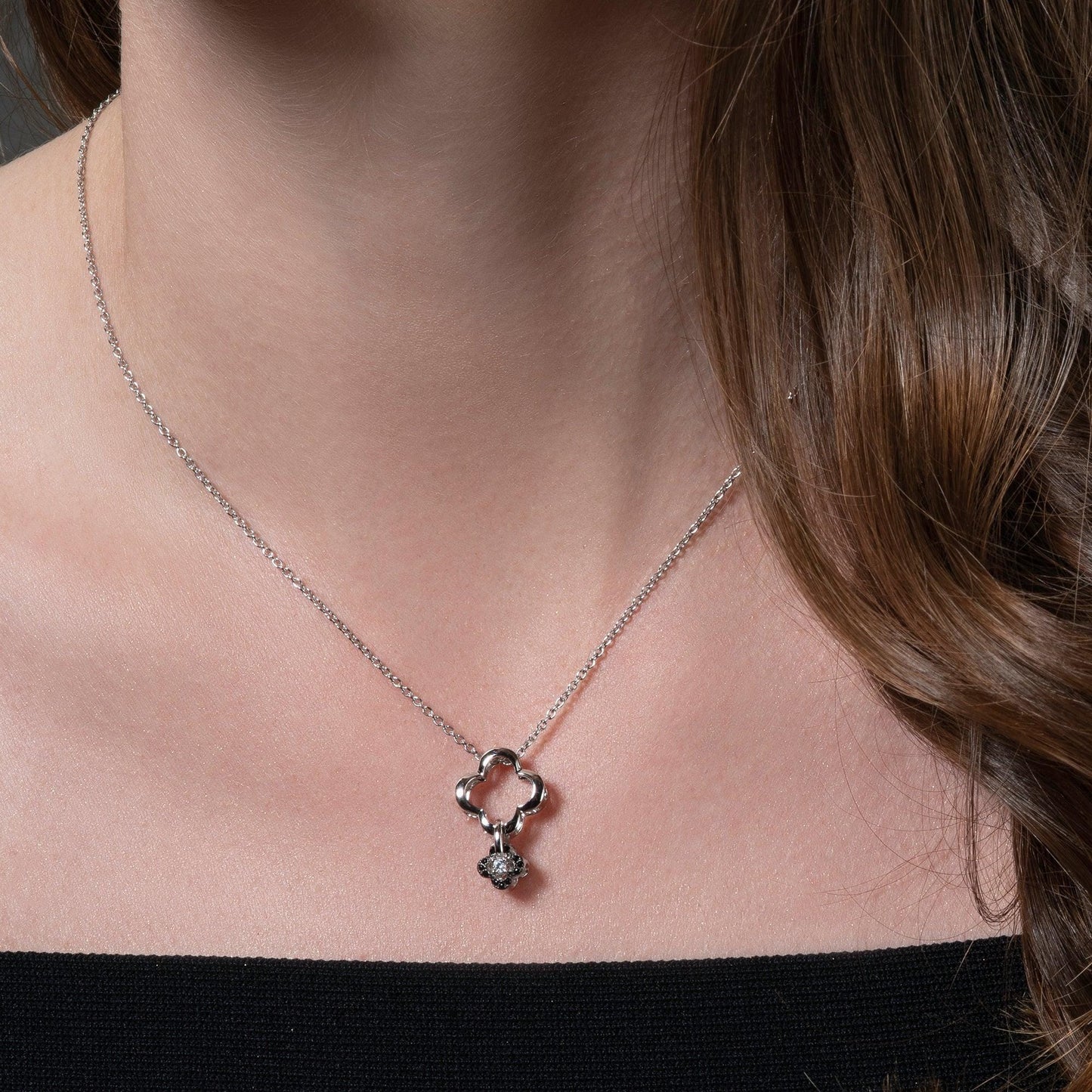 Sterling Silver Multi Wear Black and White Clover Pendant Necklace - namana.london