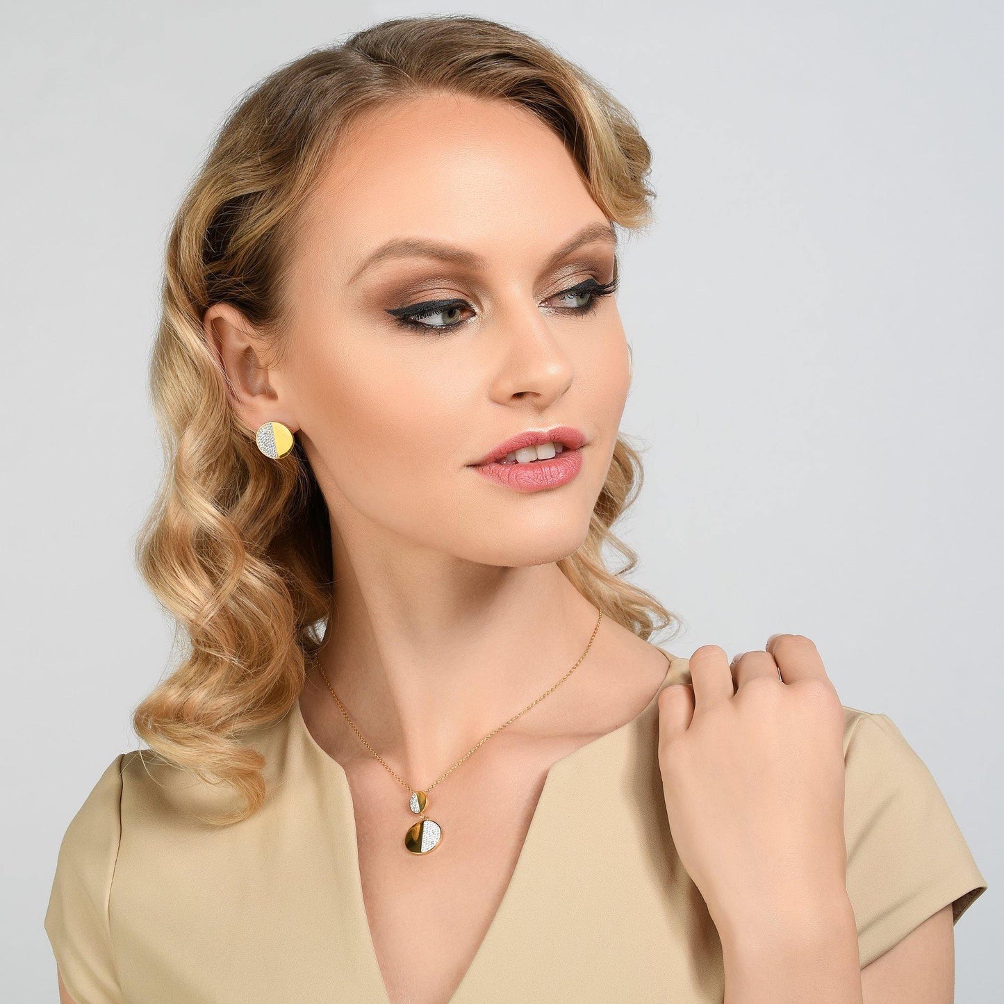 Gold Disc Stud Earrings with Swarovski Crystals - namana.london
