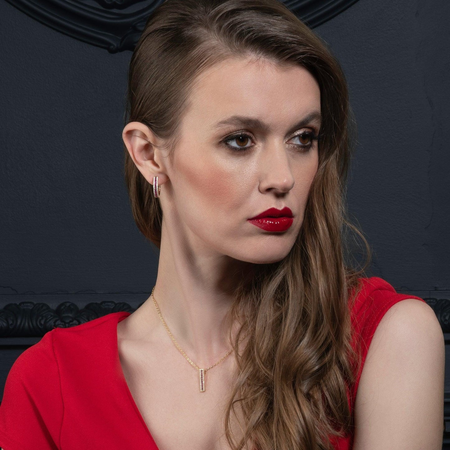 Gold Bar Pendant Necklace with Red Cubic Zirconia Stones - namana.london