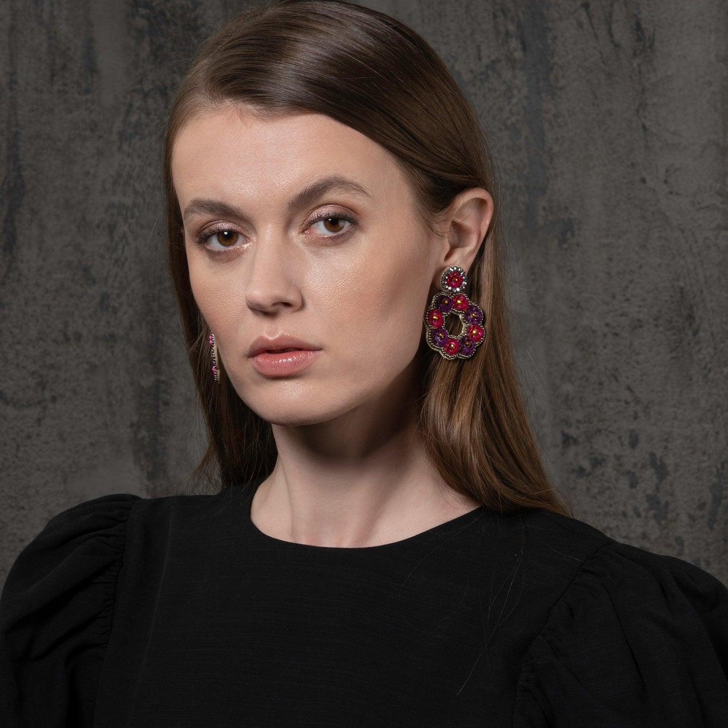 Large Pink and Purple Flower Statement Earrings for Women - namana.london