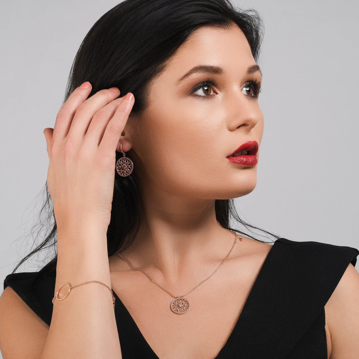Rose Gold Mandala Arabesque Dangle Earrings with Cubic Zirconia - namana.london