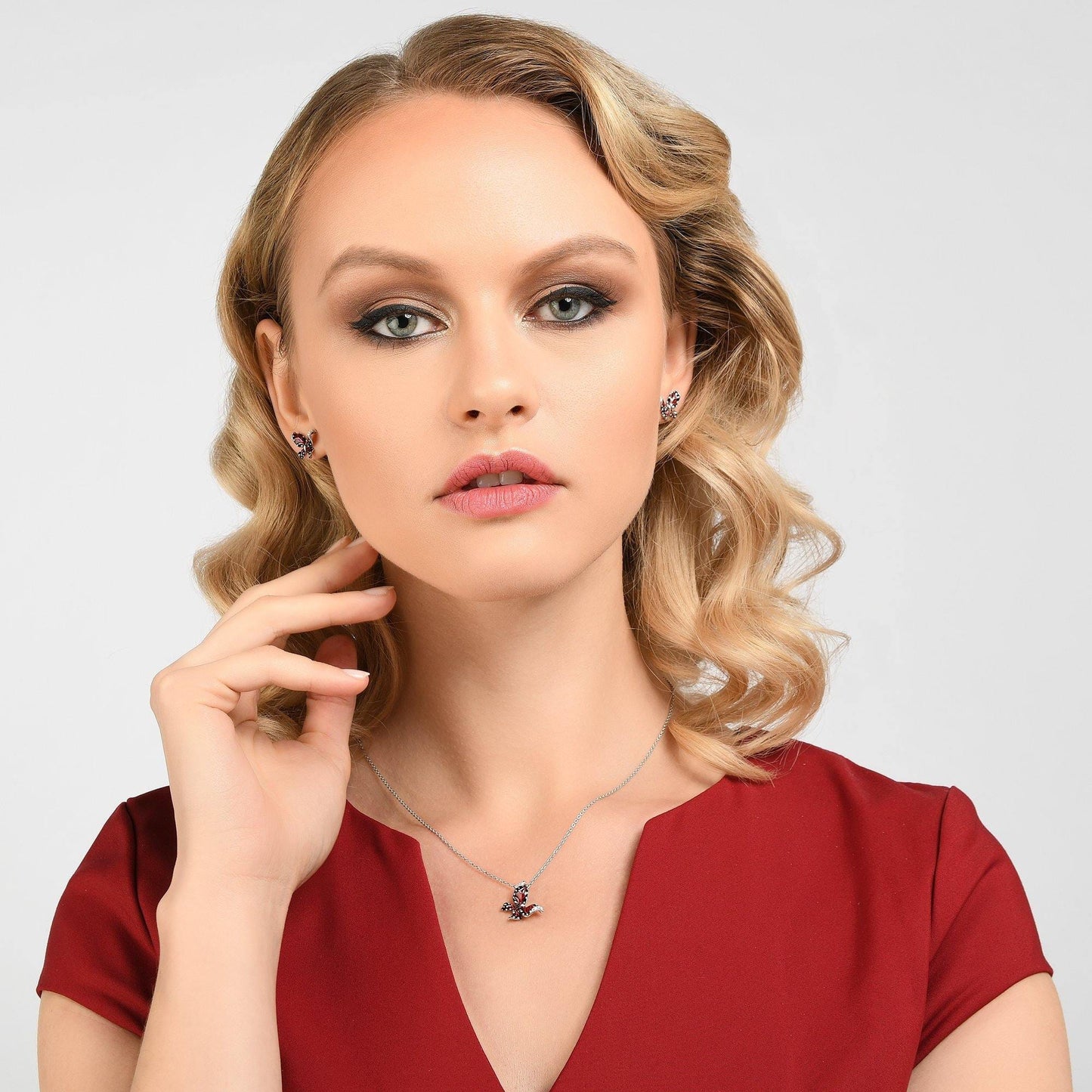 Sterling Silver Burgundy Enamel Butterfly Pendant Necklace for Women - namana.london