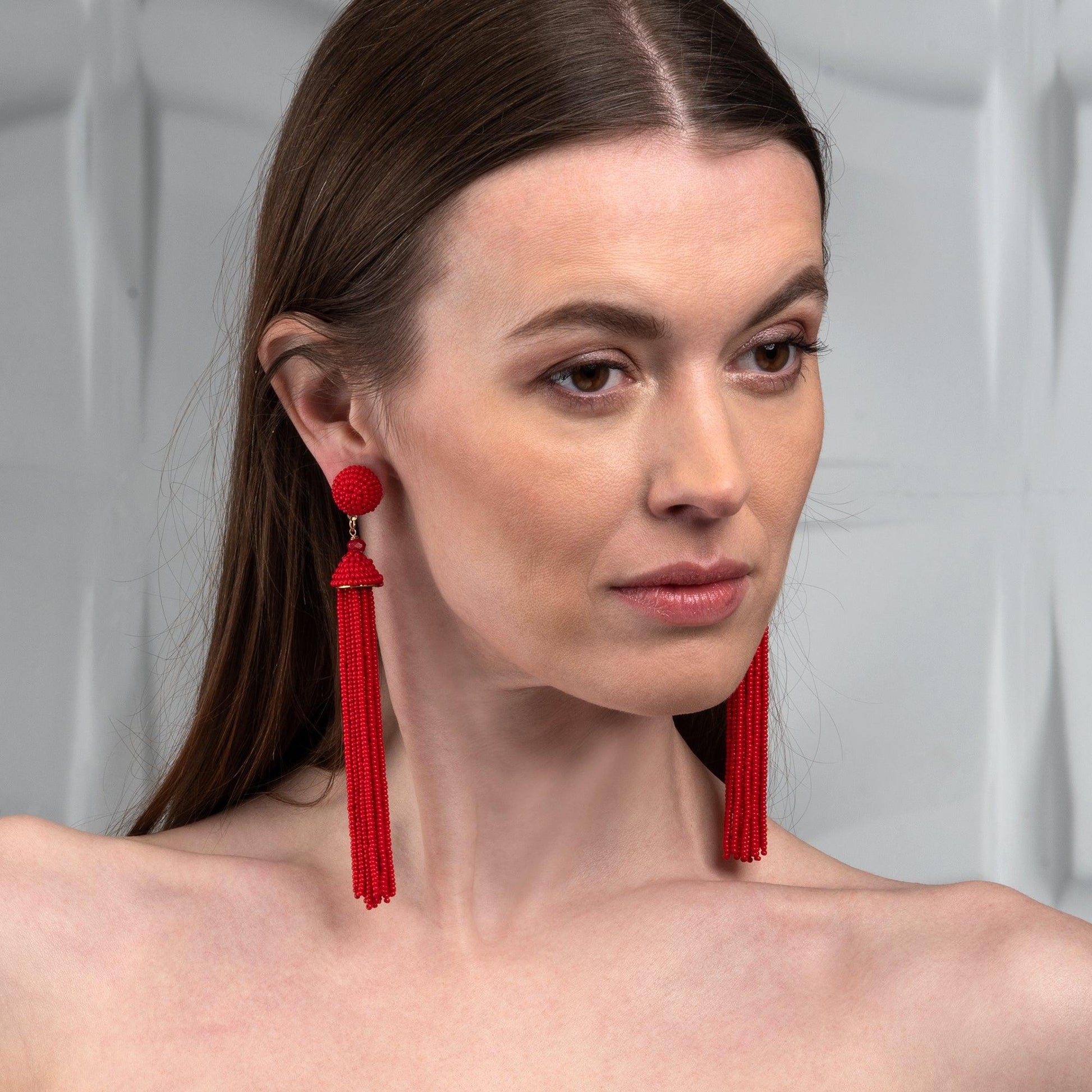 Long Beaded Red Tassel Earrings for Women - namana.london