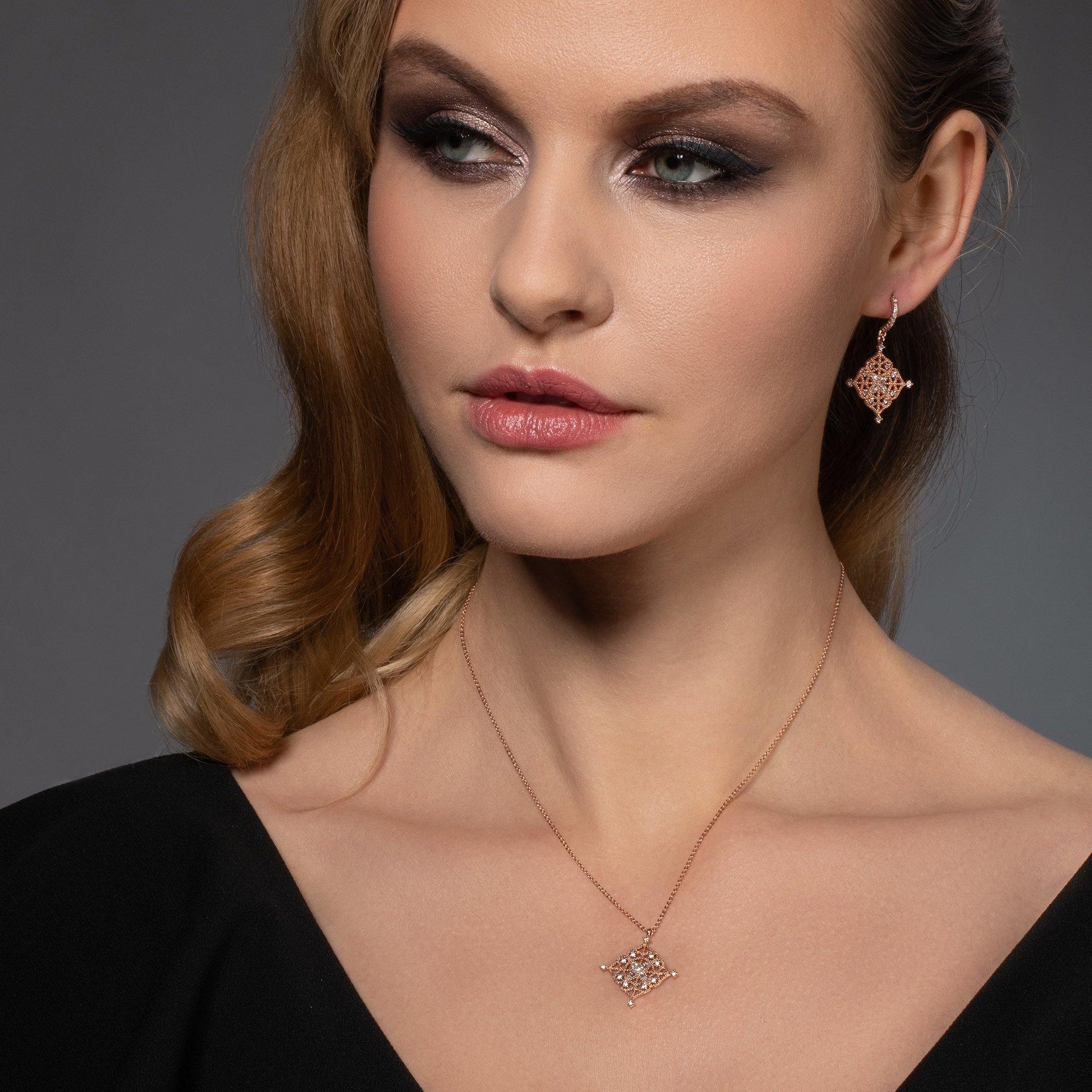 Rose Gold Arabesque Dangle Earrings with Cubic Zirconia - namana.london