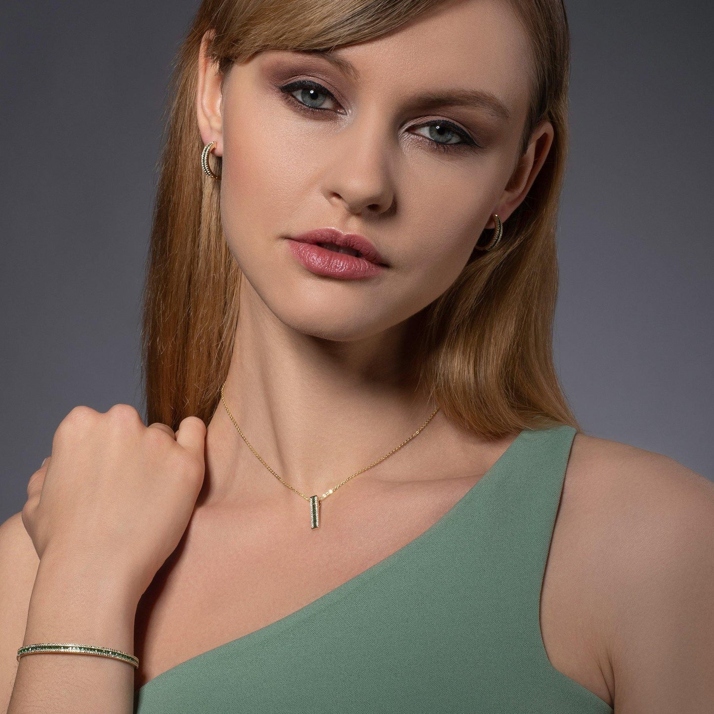 Gold Hoop Earrings with Green Cubic Zirconia Stones - namana.london