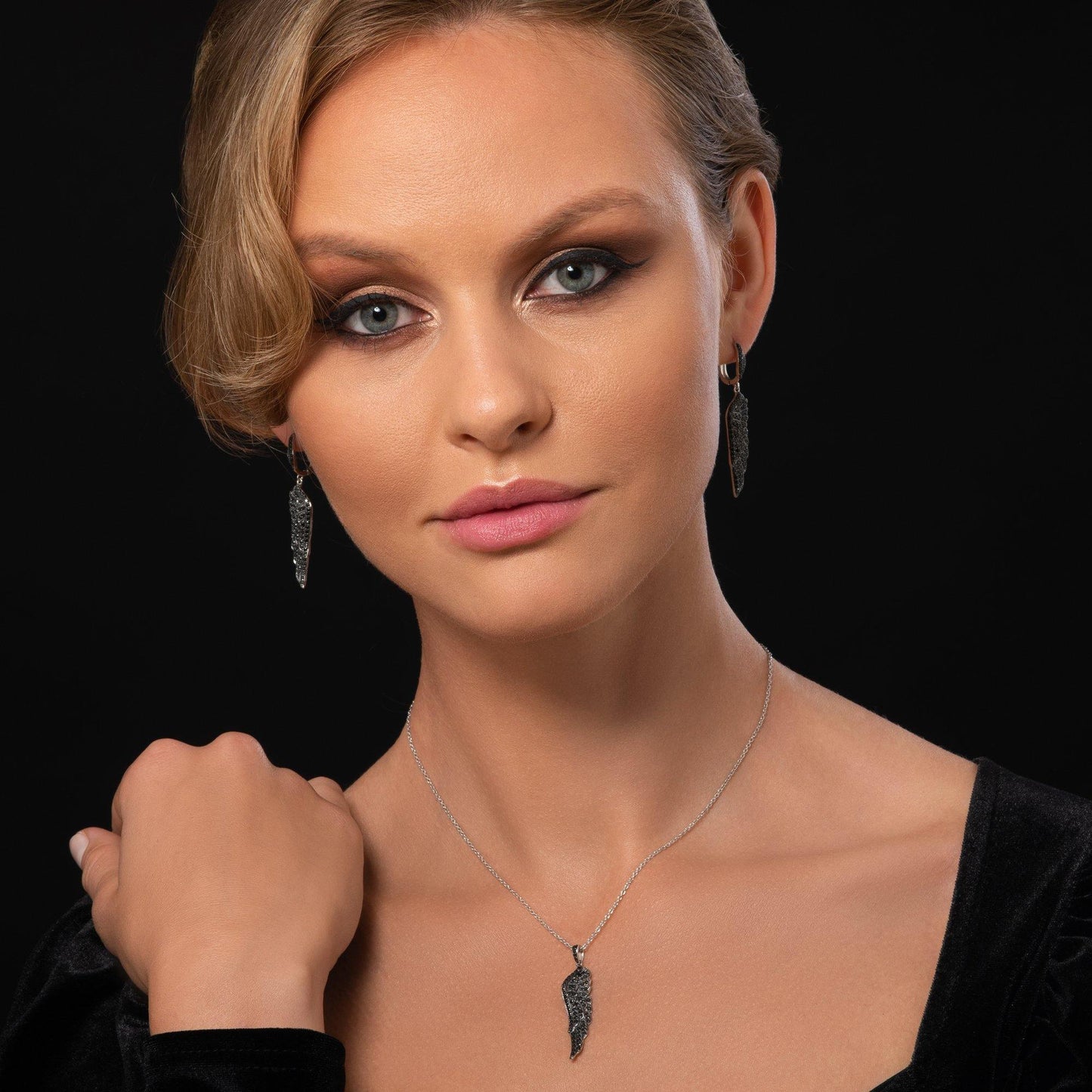 Sterling Silver Black Angel Wings Necklace for Women. - namana.london