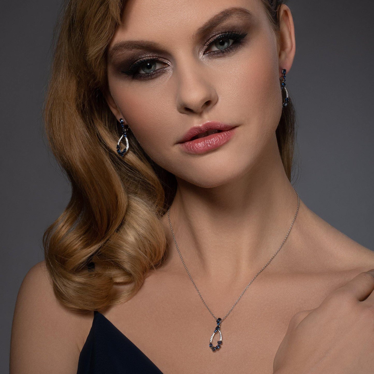 Sterling Silver Drop Pendant Necklace for Women with Blue Stones and Cubic Zirconia Gemstones - namana.london