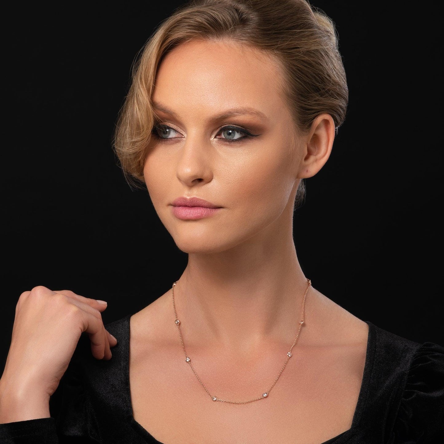 Long Rose Gold Chain Necklace with Stones - namana.london